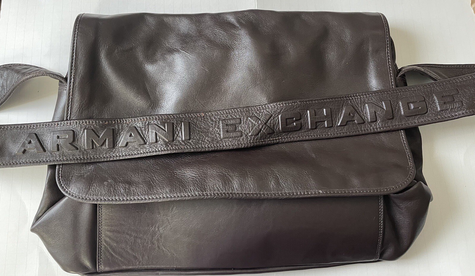 Armani Exchange Chocolate Calf Leather Messenger Crossbody Bag