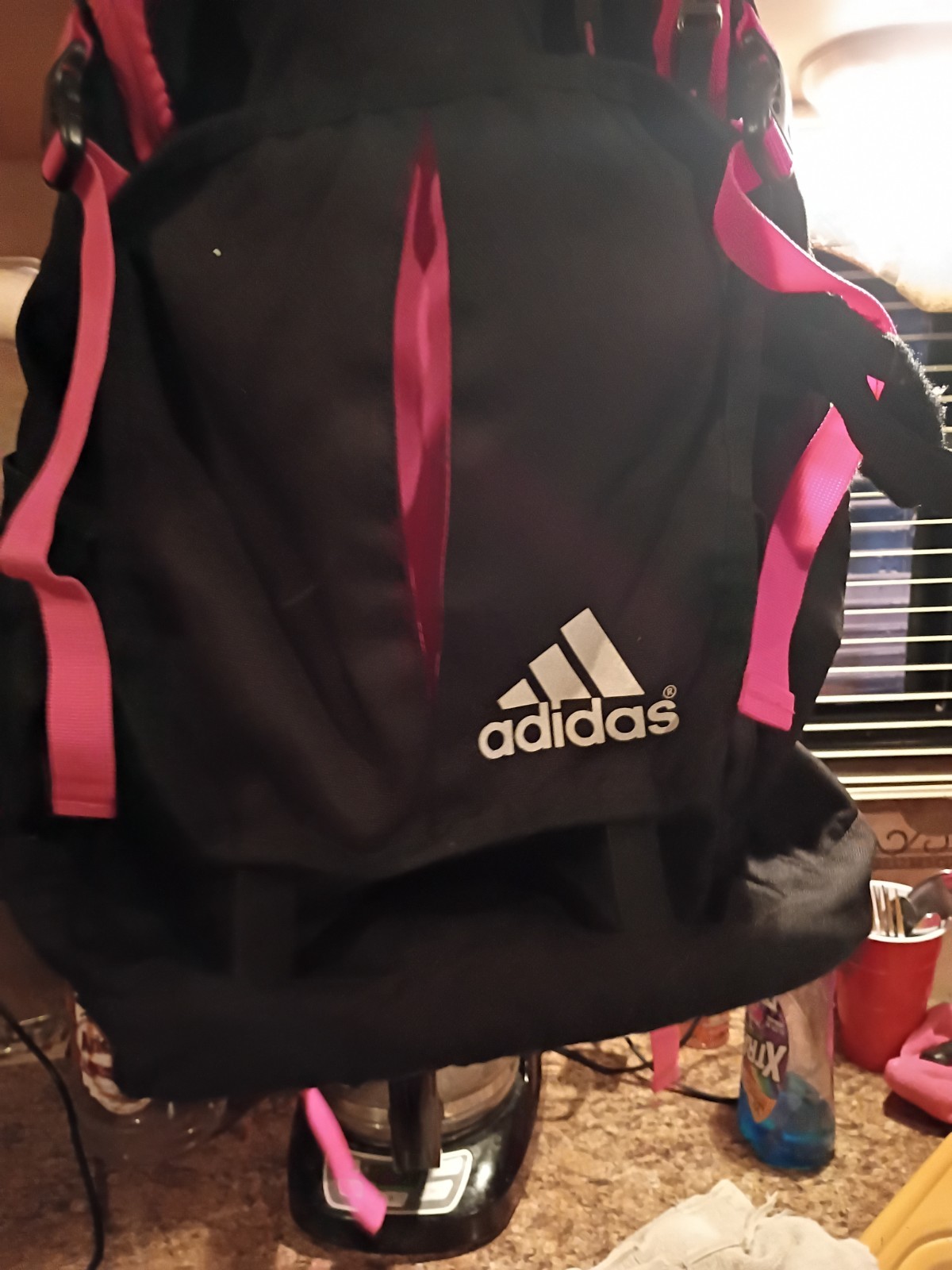 adidas Black/Pink Drawstring Backpack Large Unisex Adjustable Straps Pockets