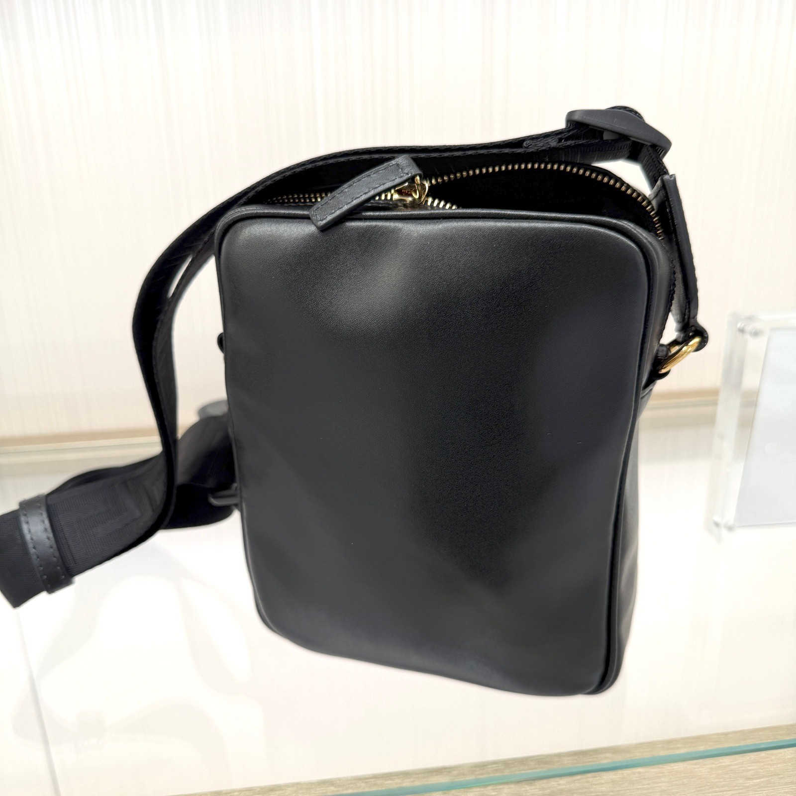 Versace 1020736 Black Leather Greca Crossbody Messenger Bag Gold Logo
