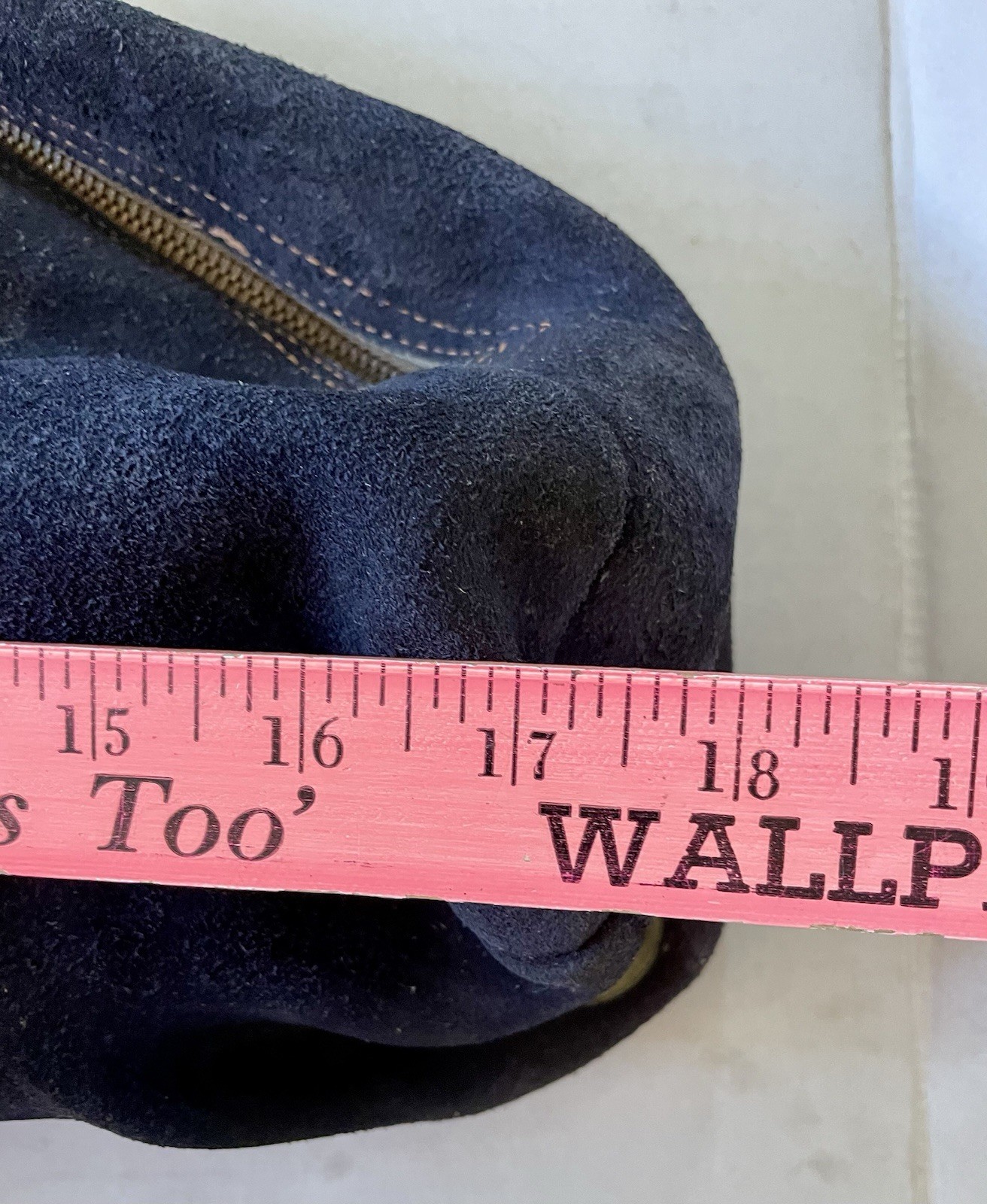 Vintage SUEDE Zippered Gear Bag Brass Zipper Distressed Western Navy 18×8” USA