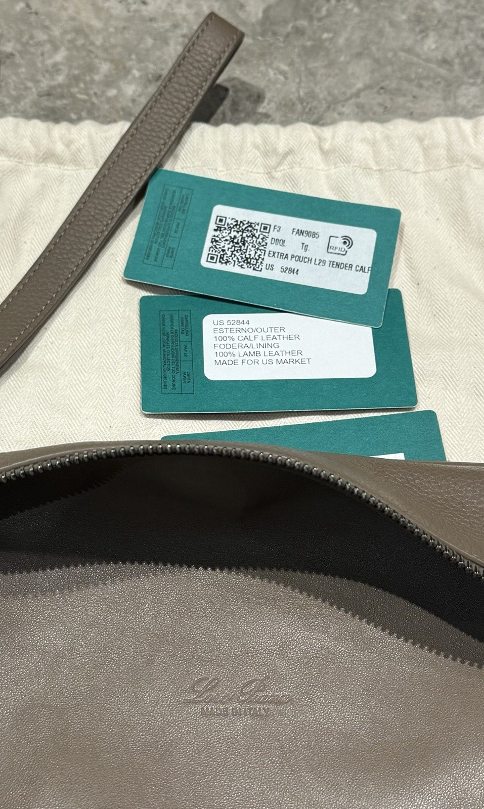 LORO PIANA ‘Extra Pouch L29’ Grained Calfskin Leather Bag Warm Mastic Onyx $2250
