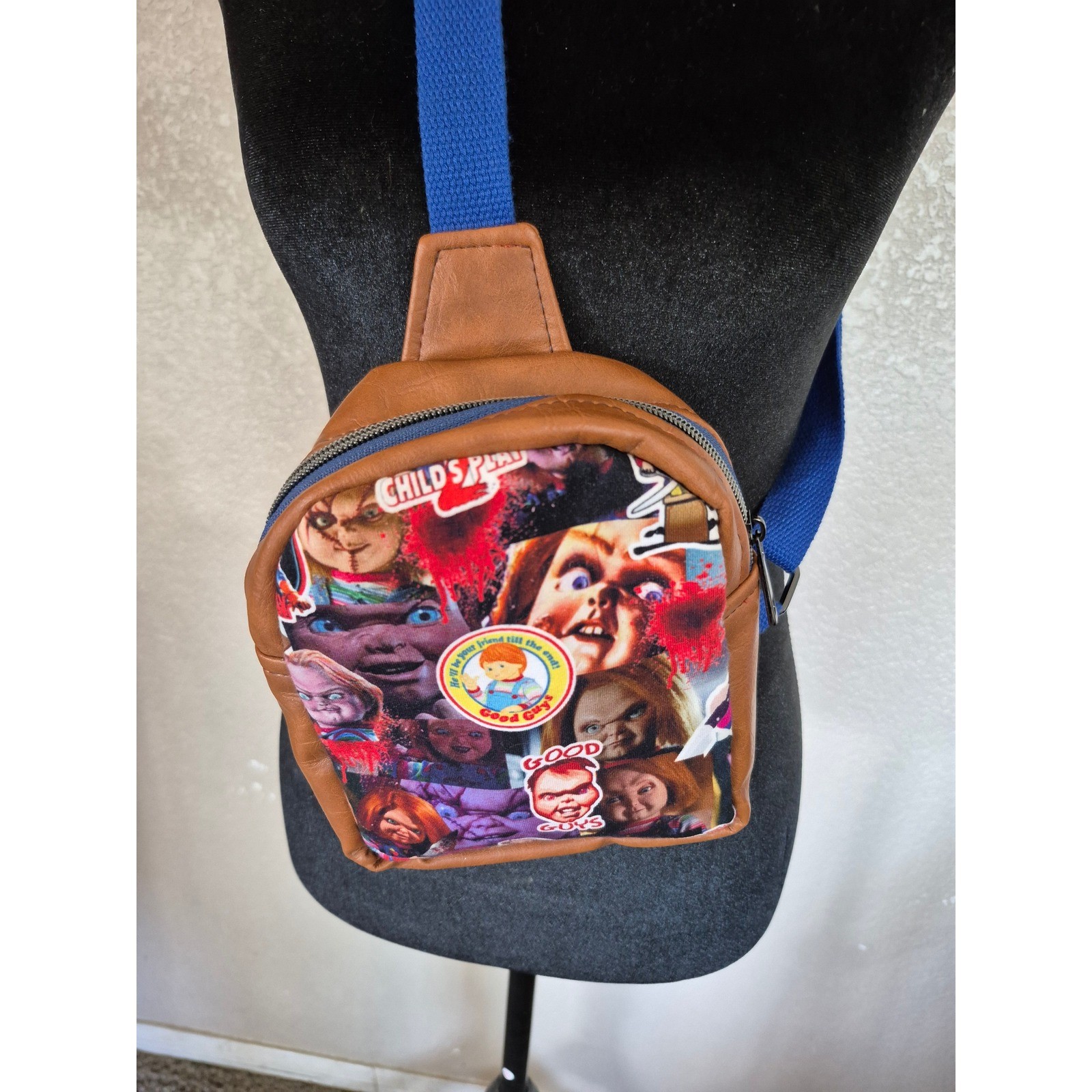 Chucky Childs Play Horror Sling Bag Brown Blue Adjustable Crossbody Mini Pack