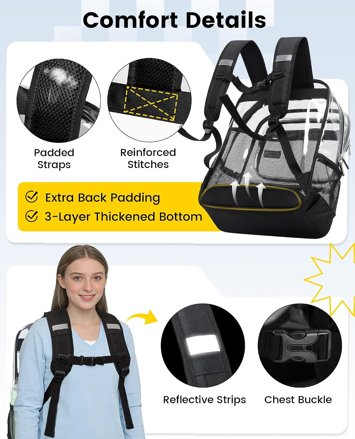Clear Backpack with TSA Lock, Large Clear Bookbag, Black | Heavy Duty See throug