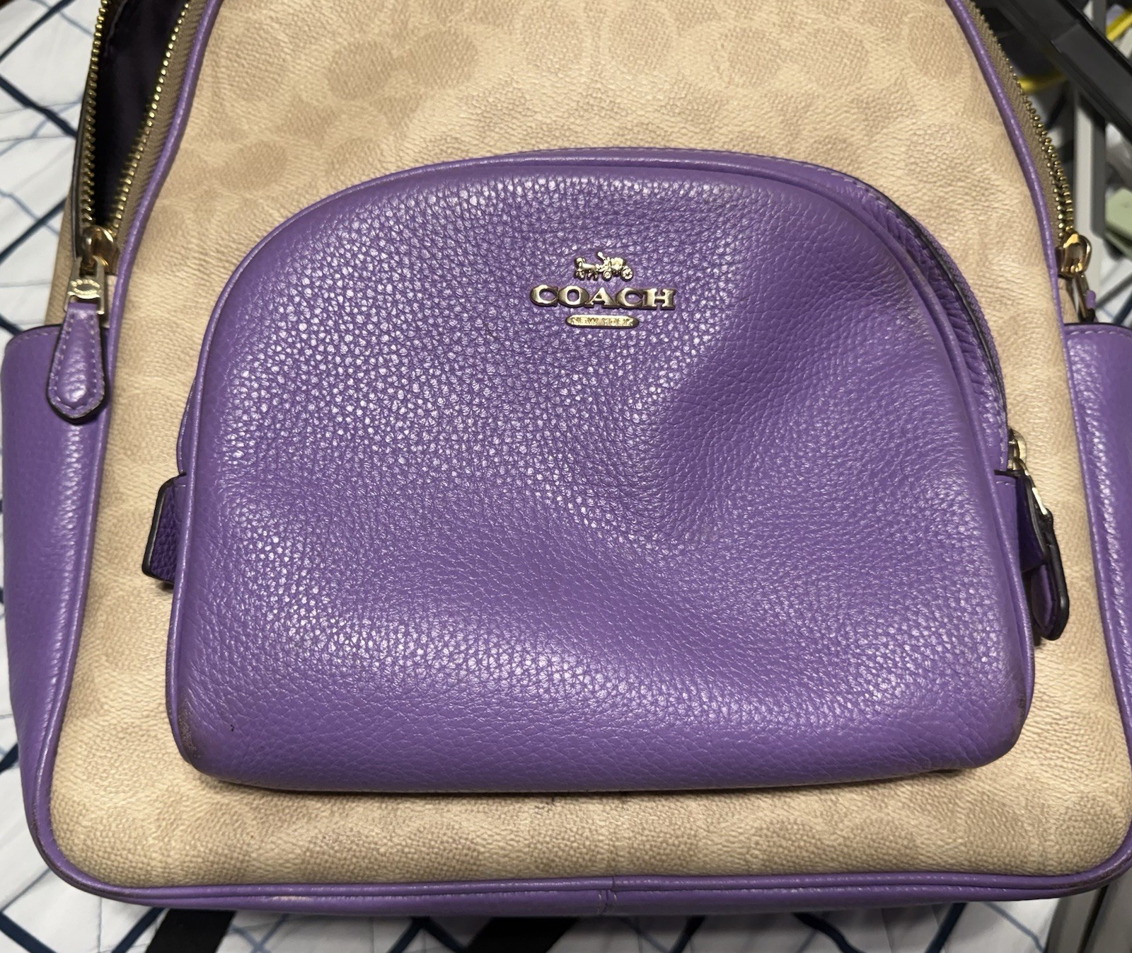 Coach Logo Backpack Purple Beige Zip Closure Adjustable Strap