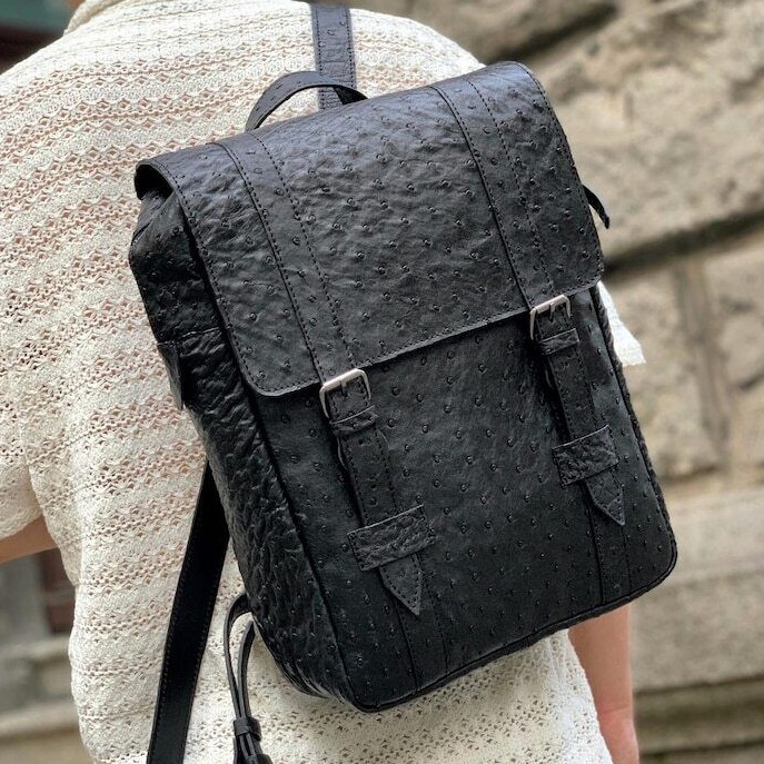 Men’s Backpack GENUINE Ostrich Leather Exotic Luxury Large Black Bag for Laptop