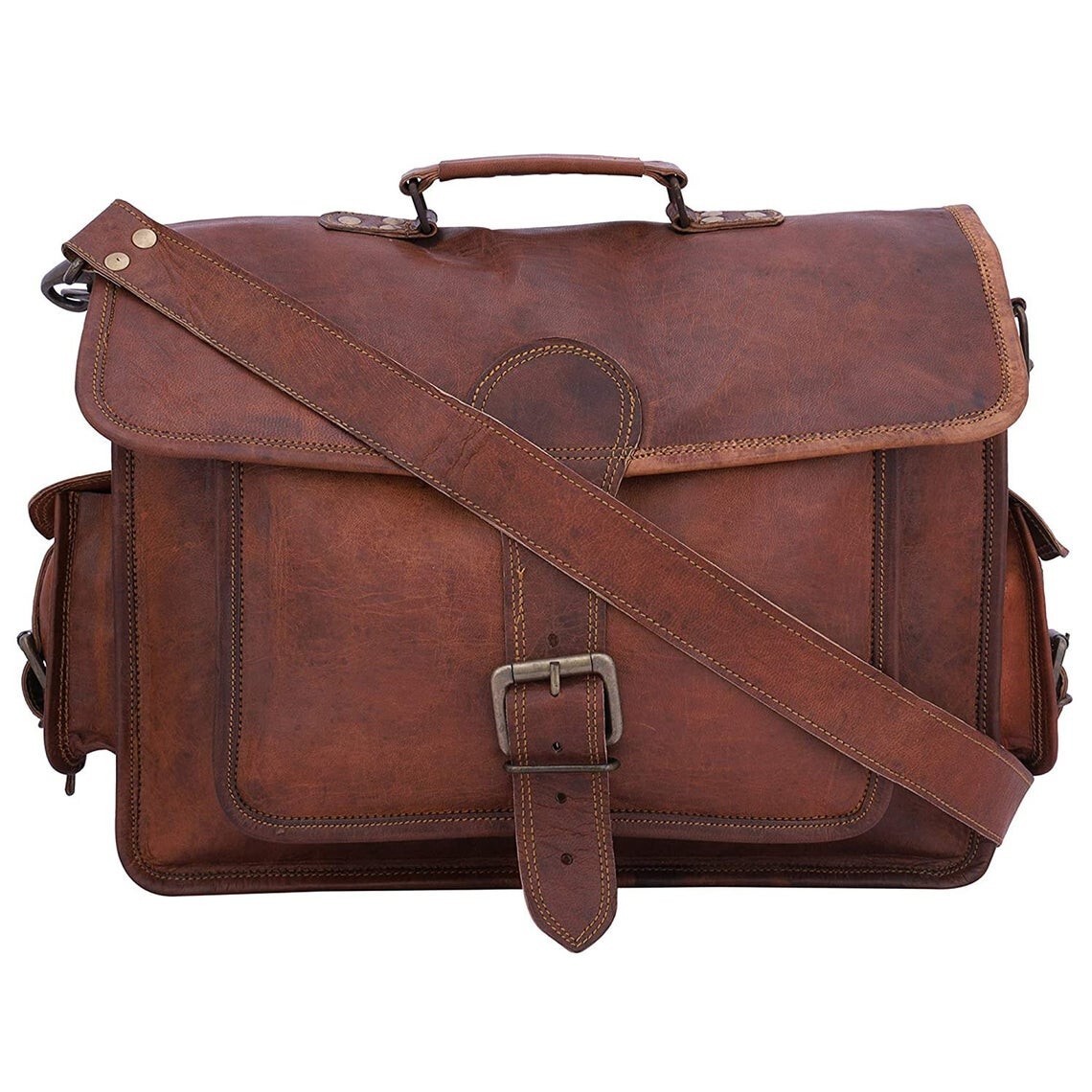 Men’s Brown Shoulder Laptop Briefcase Handmade Real Crossbody Leather Bag