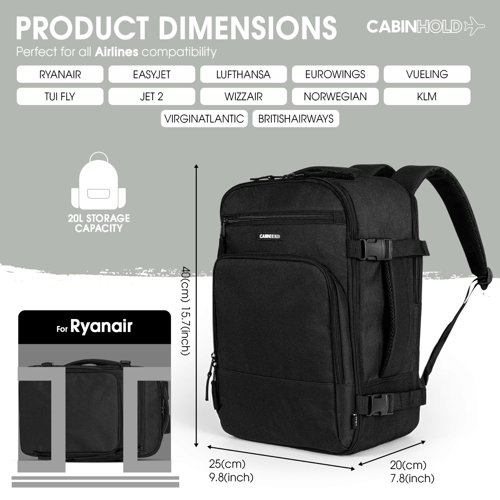 Ryanair Backpack 40x25x20cm CABINHOLD® Berlin Carry-on Wizzair Hand Luggage