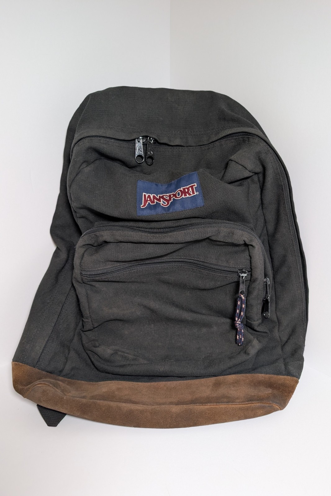 Vintage JanSport Backpack Black Brown Suede Bottom Nylon School Daypack USA Made