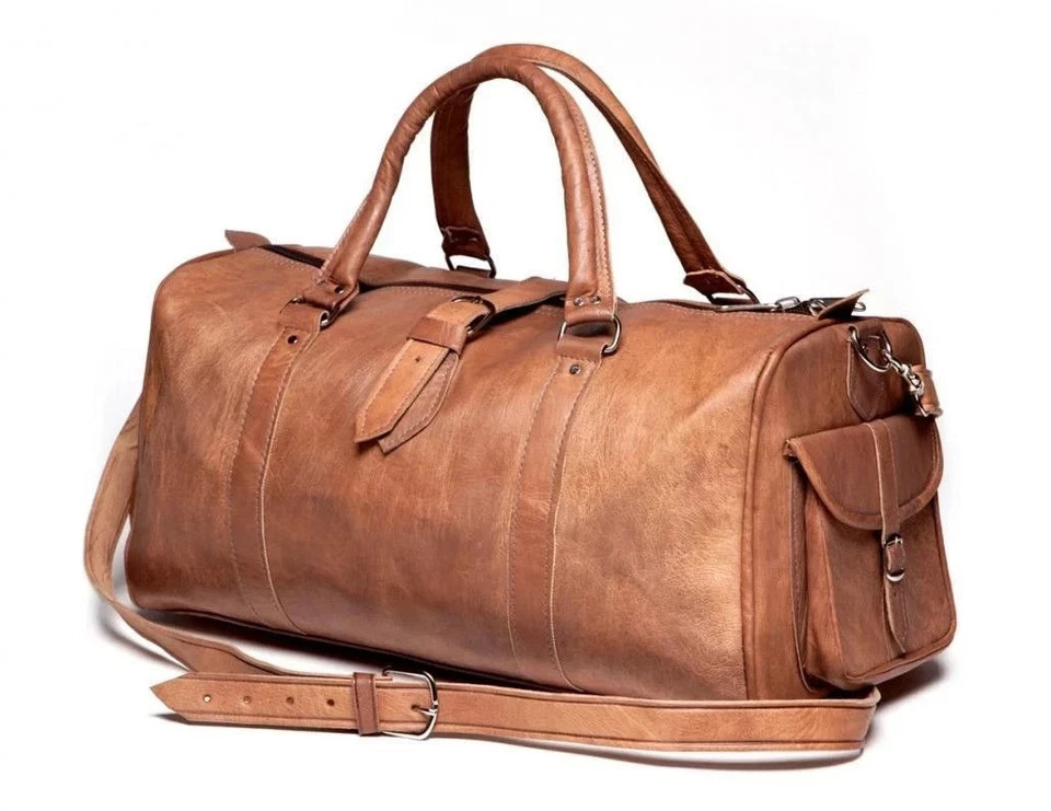 Genuine Goat Duffel Bag Handmade Weekend Travel Bag Large Aged Brown Leather