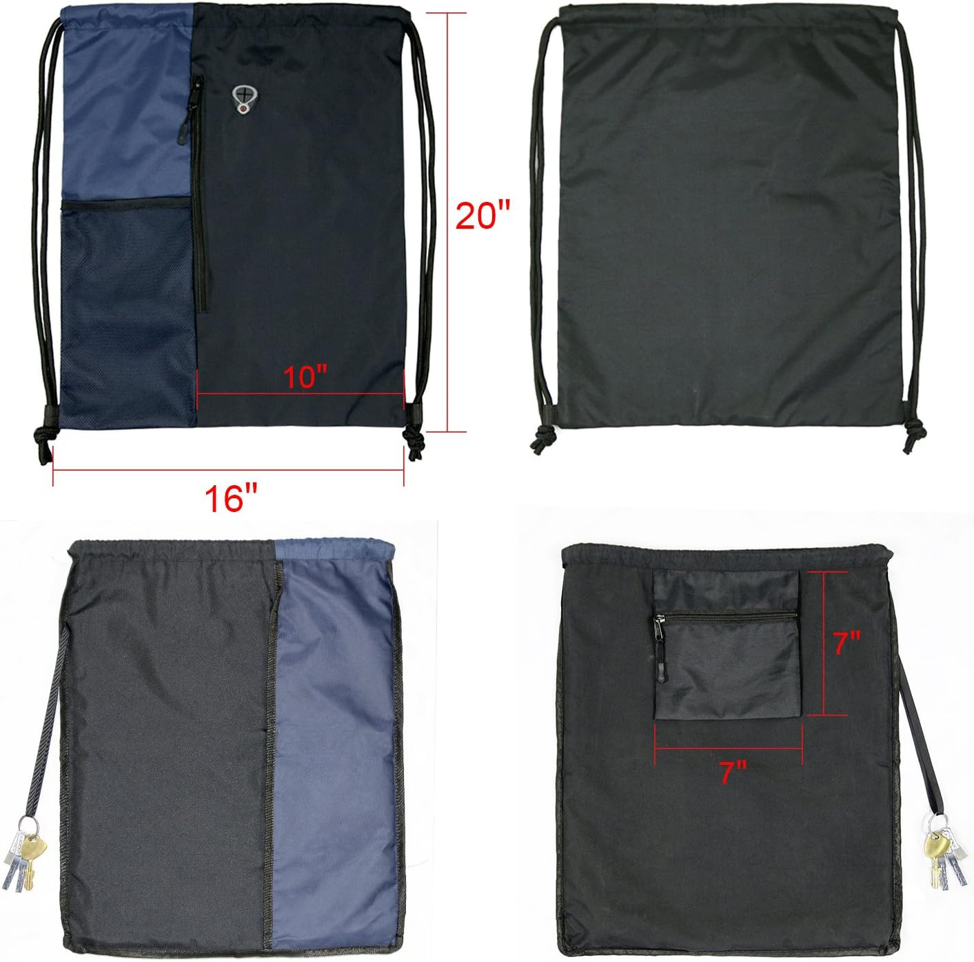 Drawstring Backpack Gym Bag with Pockets Water Bottle Mesh Black Navy