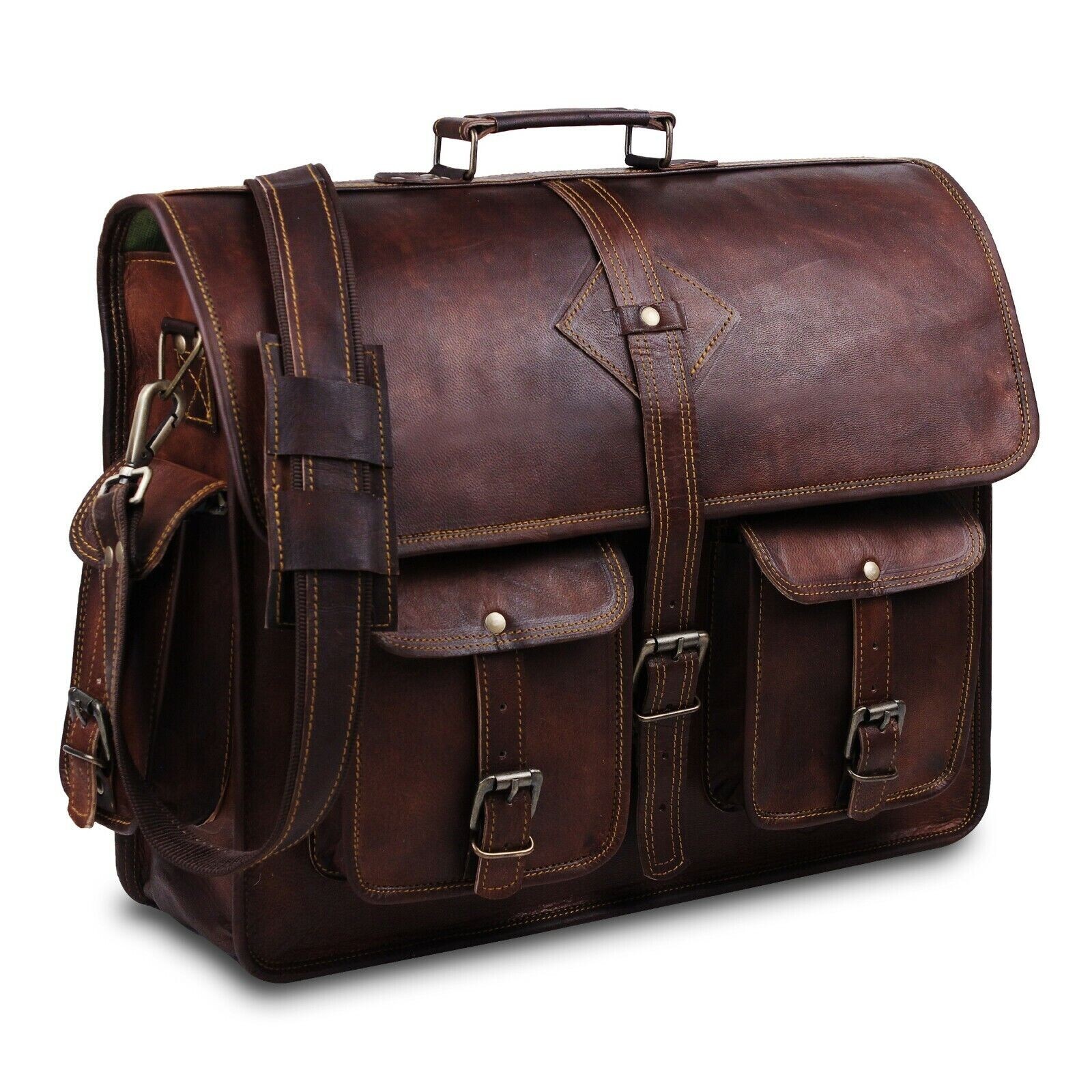 Men’s 18″ Goat Leather Messenger Real Satchel Bag Genuine Laptop Brown Briefcase