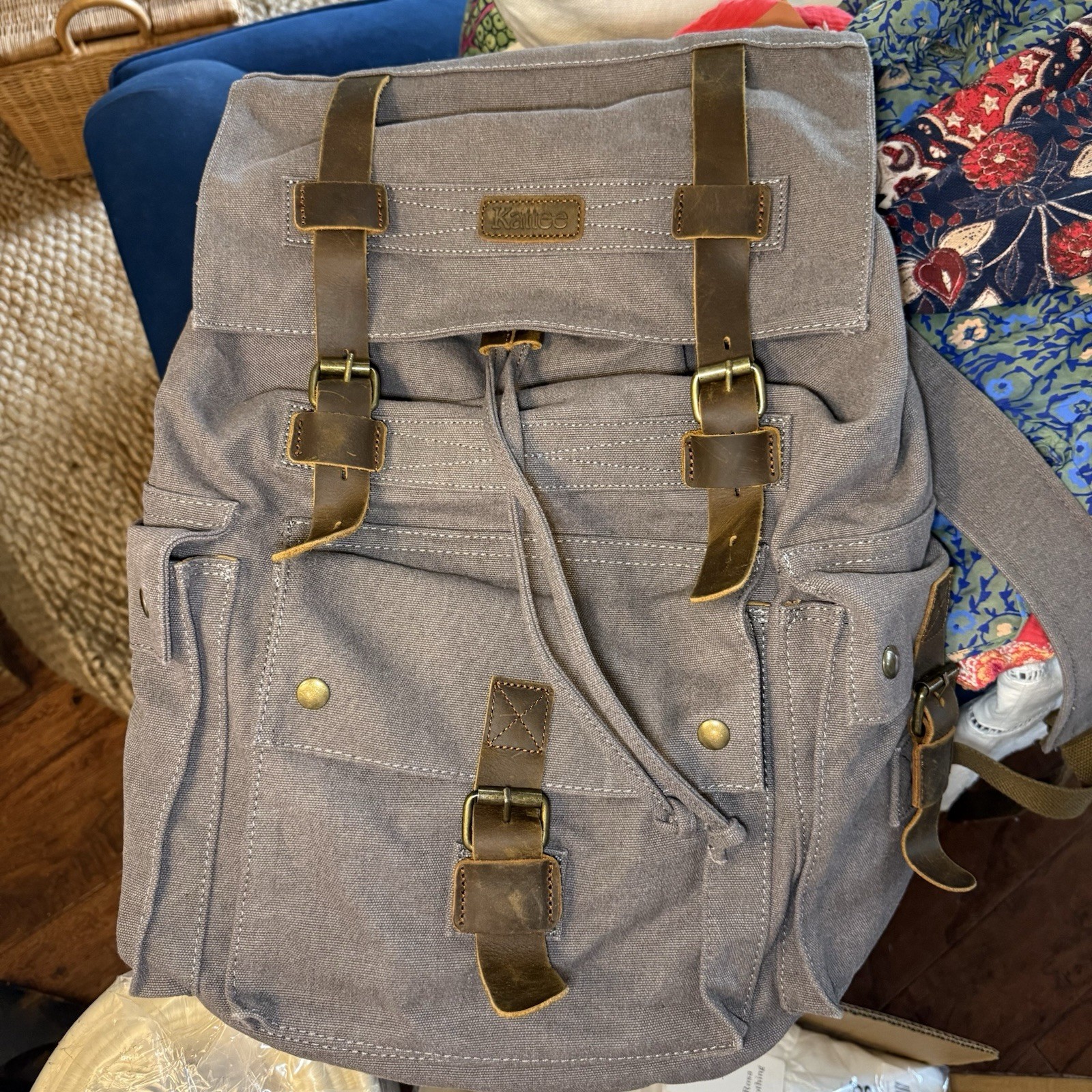 Kattee Olive Green Canvas Backpack Multi-Pocket Travel Rucksack NWT