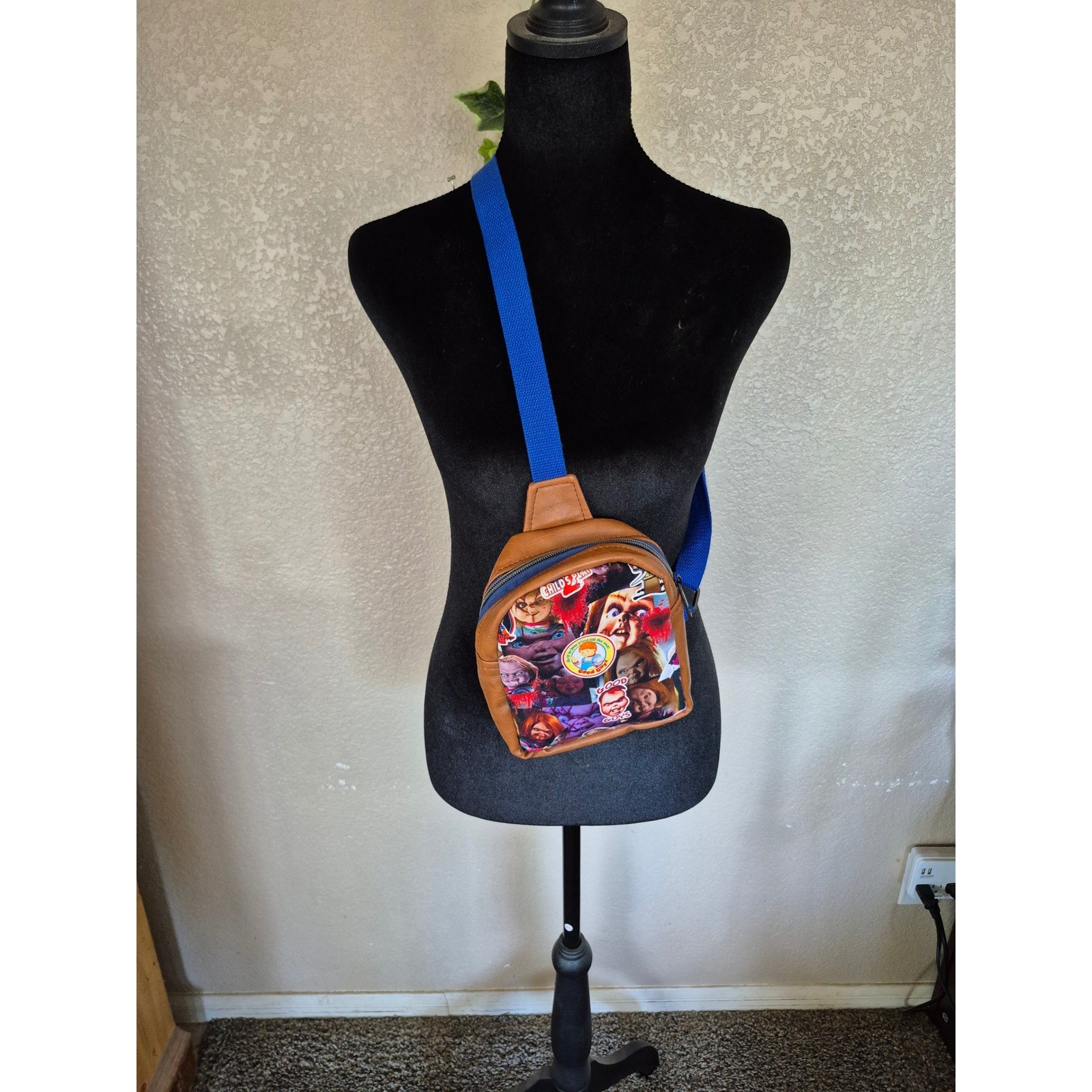 Chucky Childs Play Horror Sling Bag Brown Blue Adjustable Crossbody Mini Pack