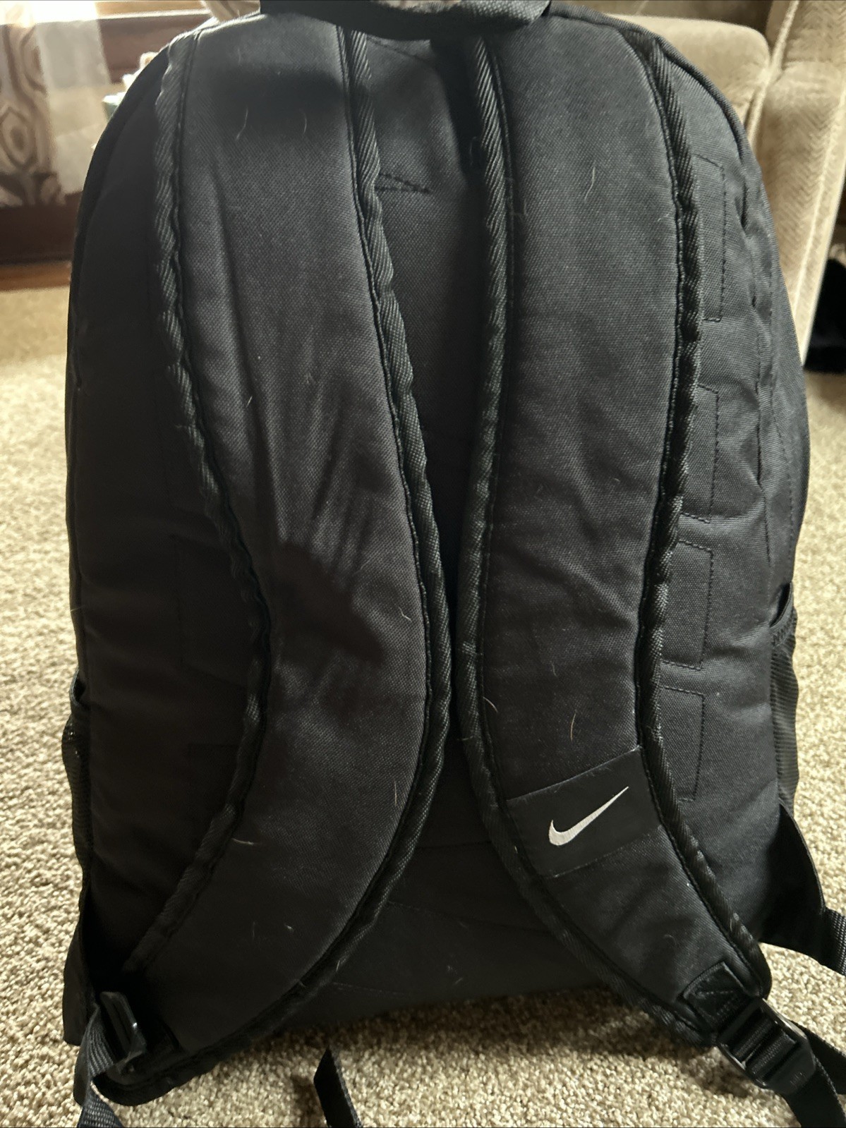VTG Nike Nylon Backpack Black 4 Outside Zip Pockets 18x13x5 Zip Both Ways EUC