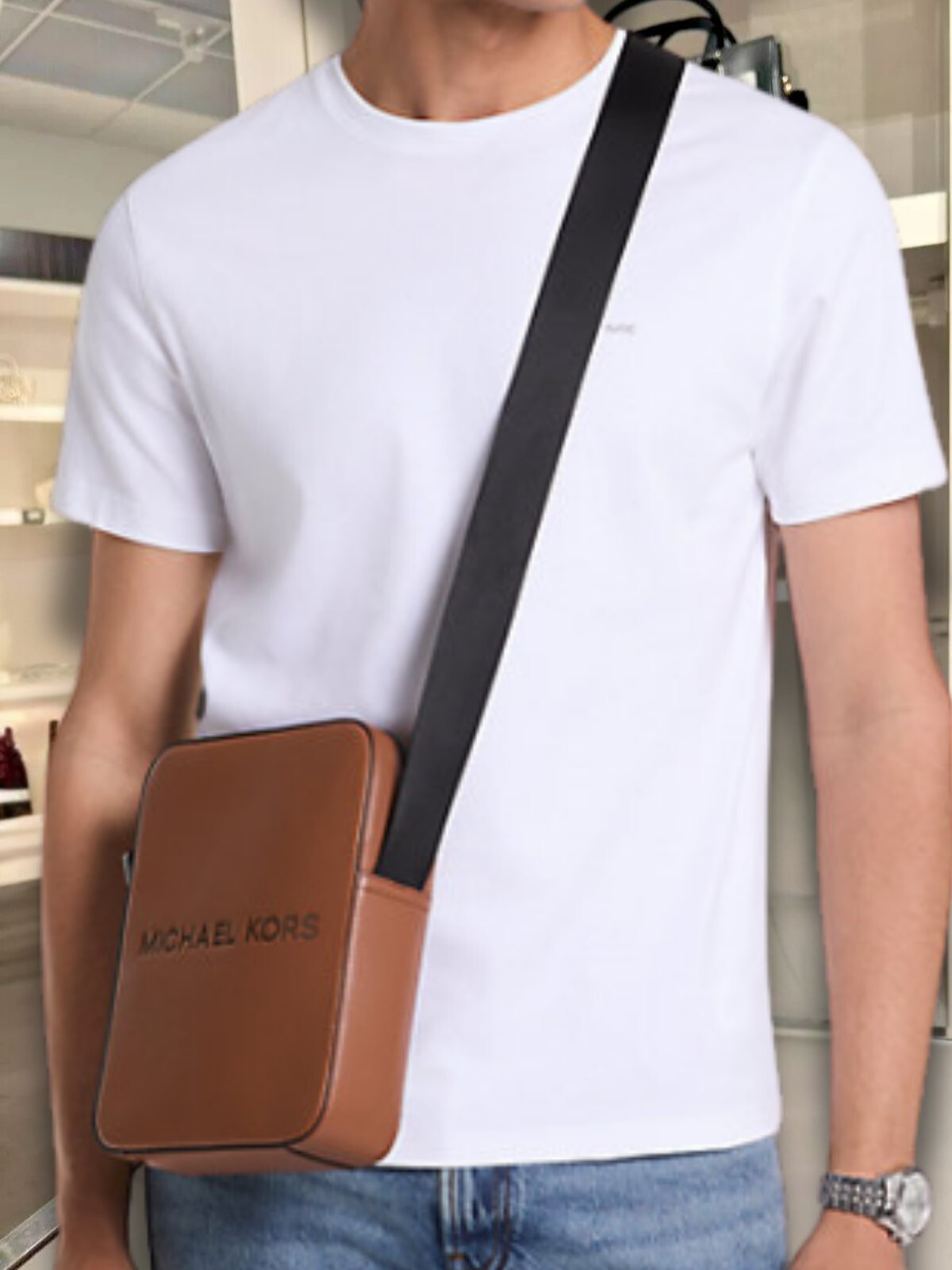 Michael Kors Cooper Men Logo Embossed Leather Crossbody Messenger Bag Luggage