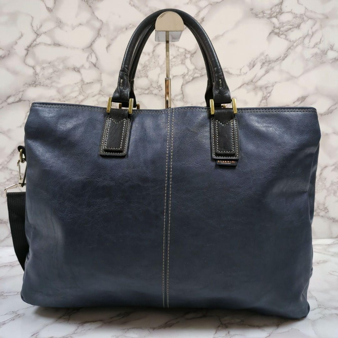 EVERWIN 2Way Leather Briefcase Shoulder Bag Navy 3 Compartment Made in Japan