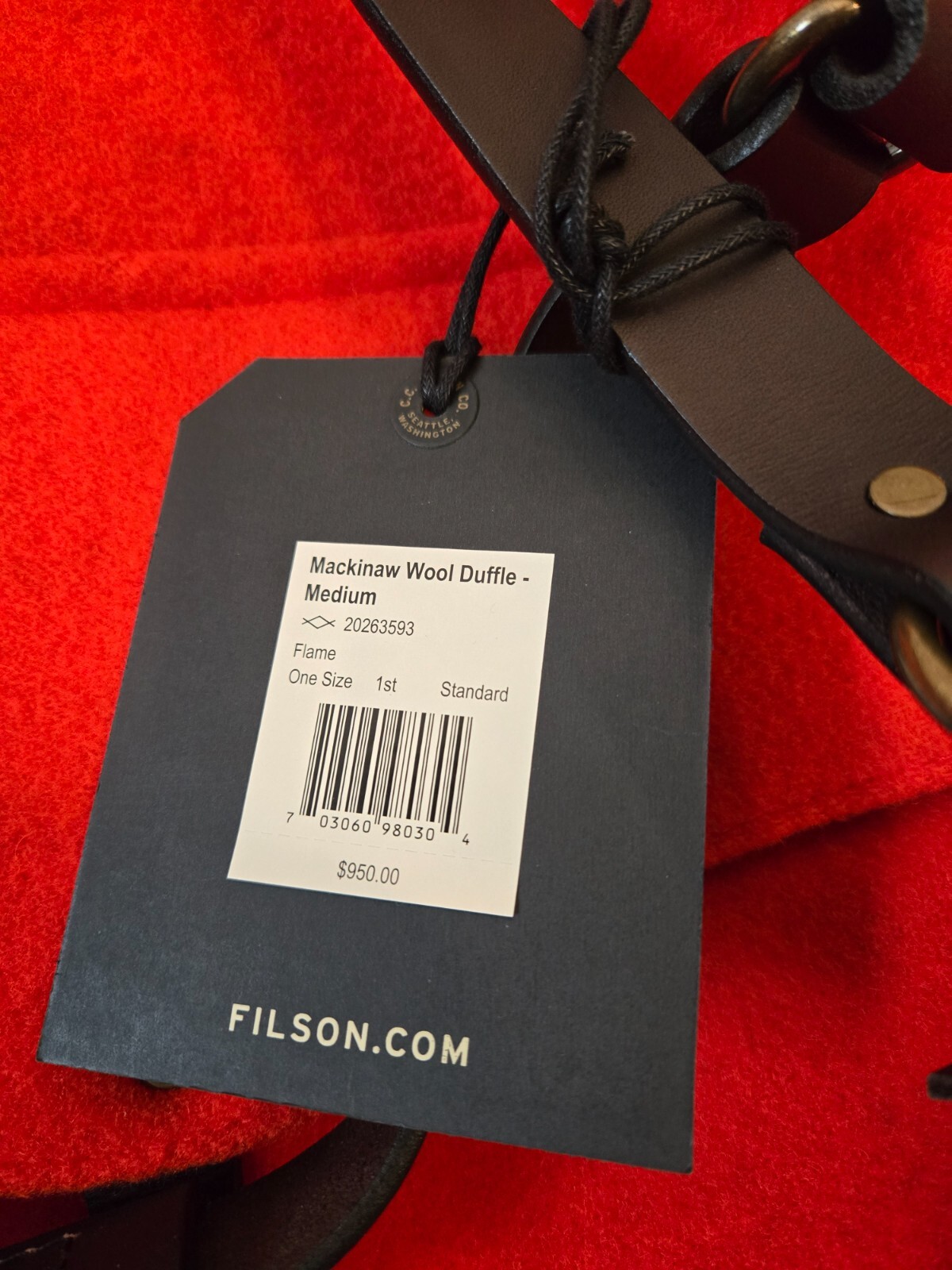 NWT Filson Mackinaw Wool Medium Duffle Made In USA Flame 20263593