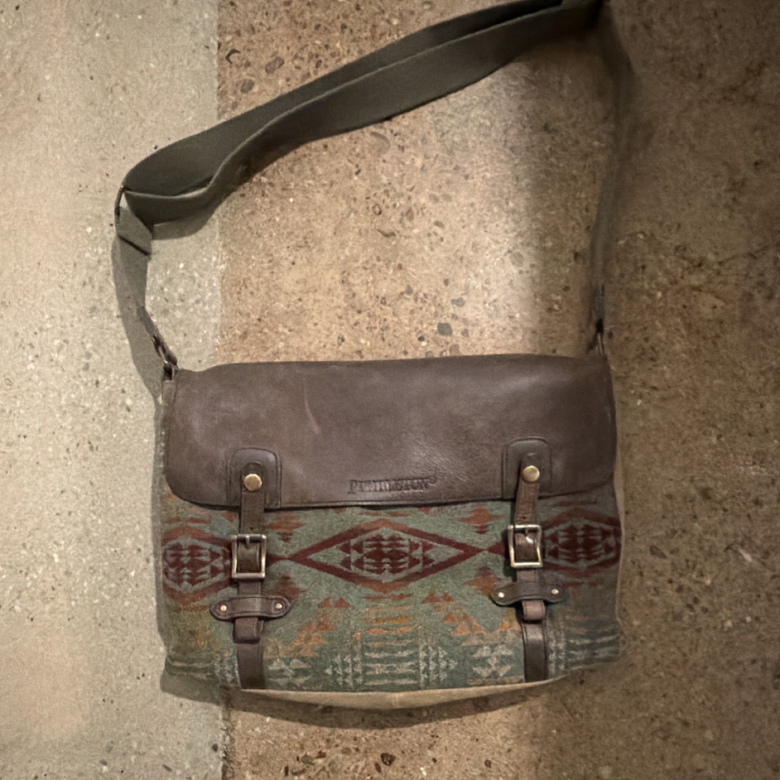 Pendleton Brown Geometric Western Aztec Laptop Bag with Green Shoulder Strap