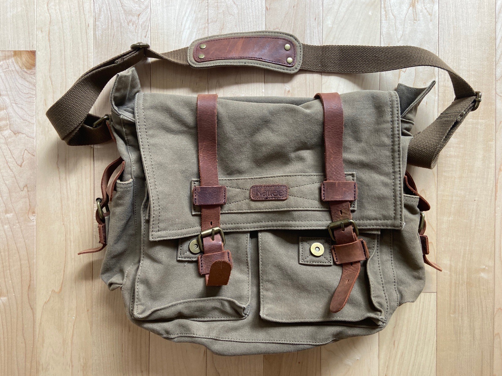 Kattee Messenger Bag Canvas Leather Coffee Color Magnetic Closures Straps