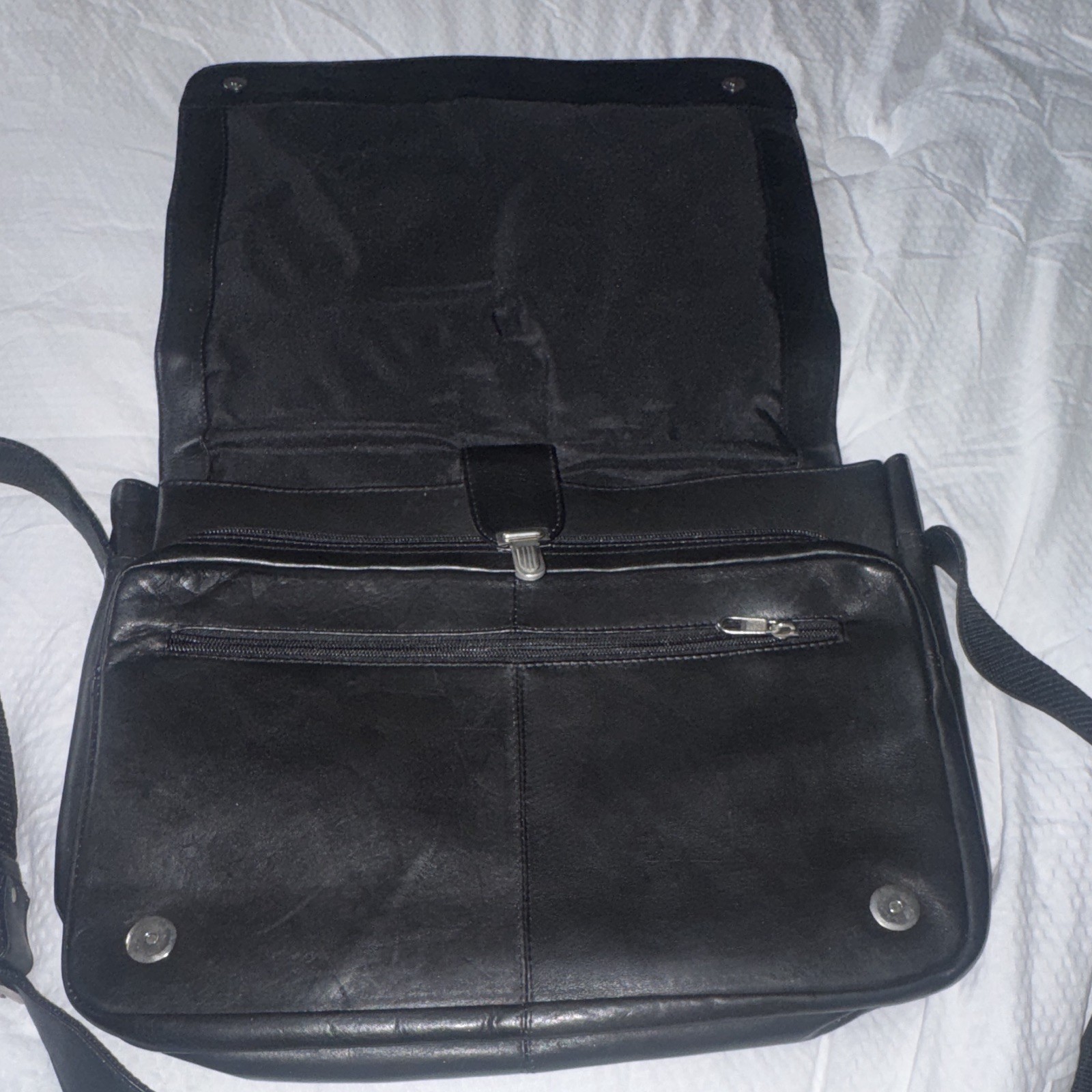 Black Colombian Leather Messenger Bag Buckle Flap Zip Closure Adjustable Strap