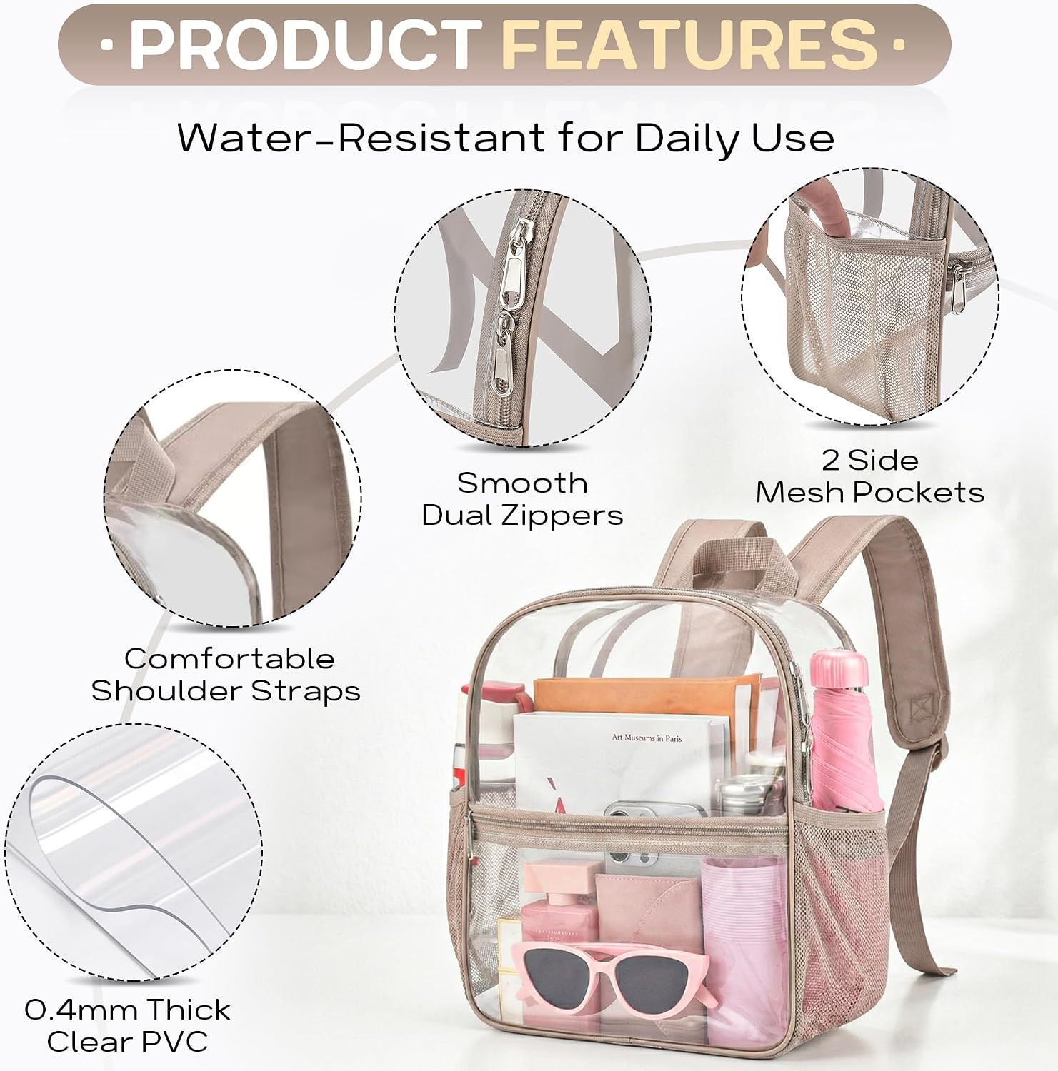 Clear Backpack Stadium Approved, 12 X 6 X 11 In, Small Transparent Backpack for