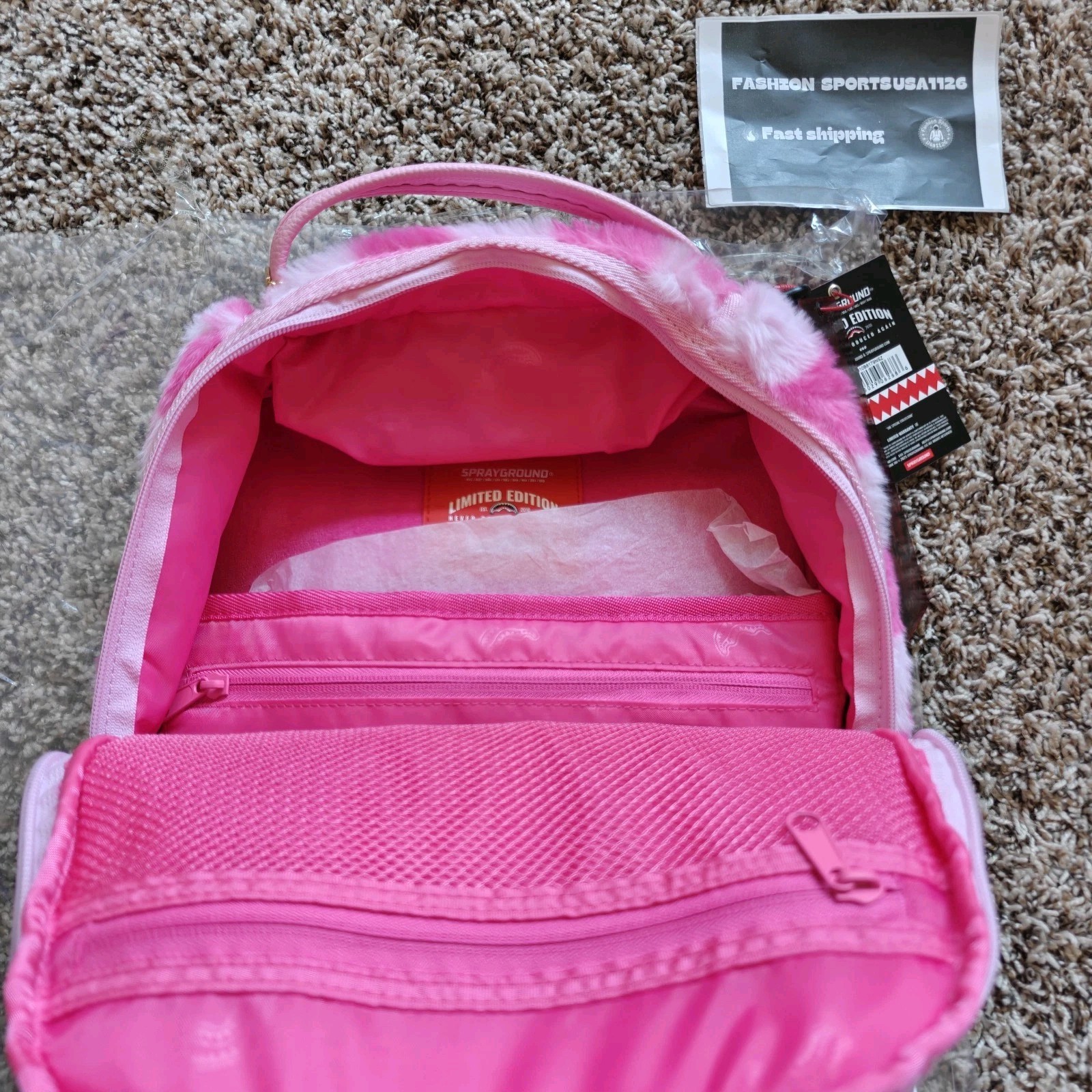 Sprayground Pink Furry Check Backpack🔥New Black Bookbag Large School Bag