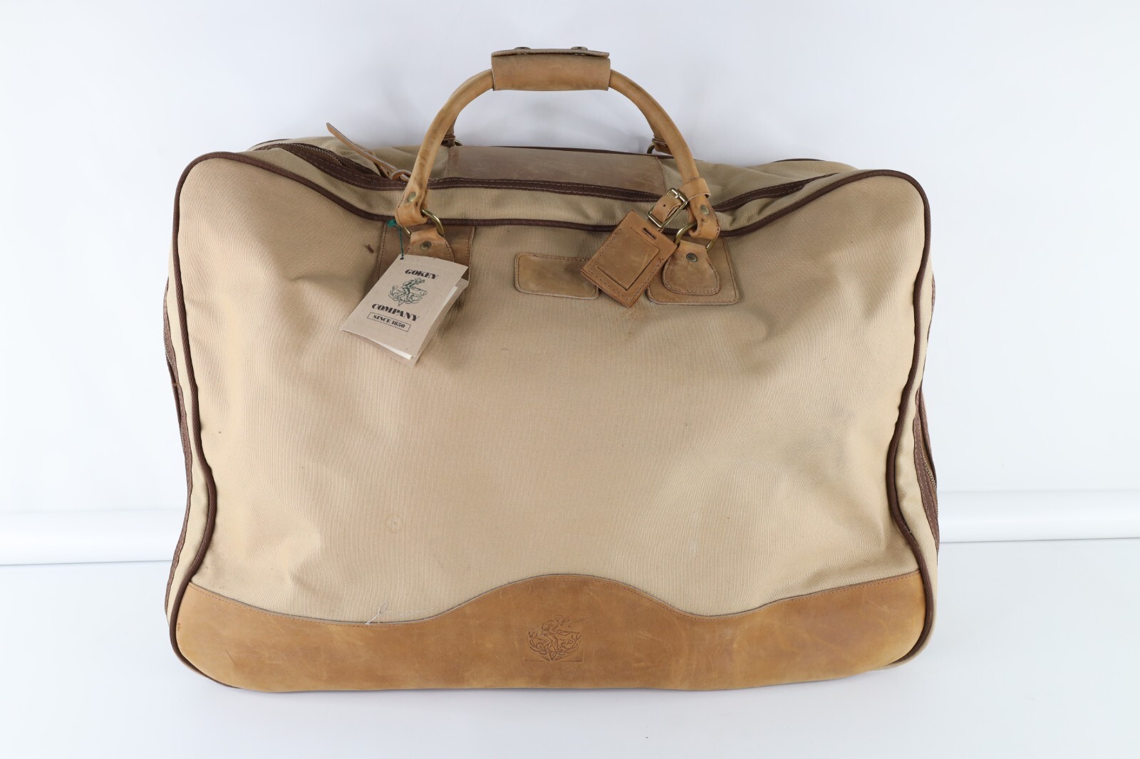 Deadstock Vintage Orvis Gokey Extra Large Canvas Leather Handled Duffel Bag USA