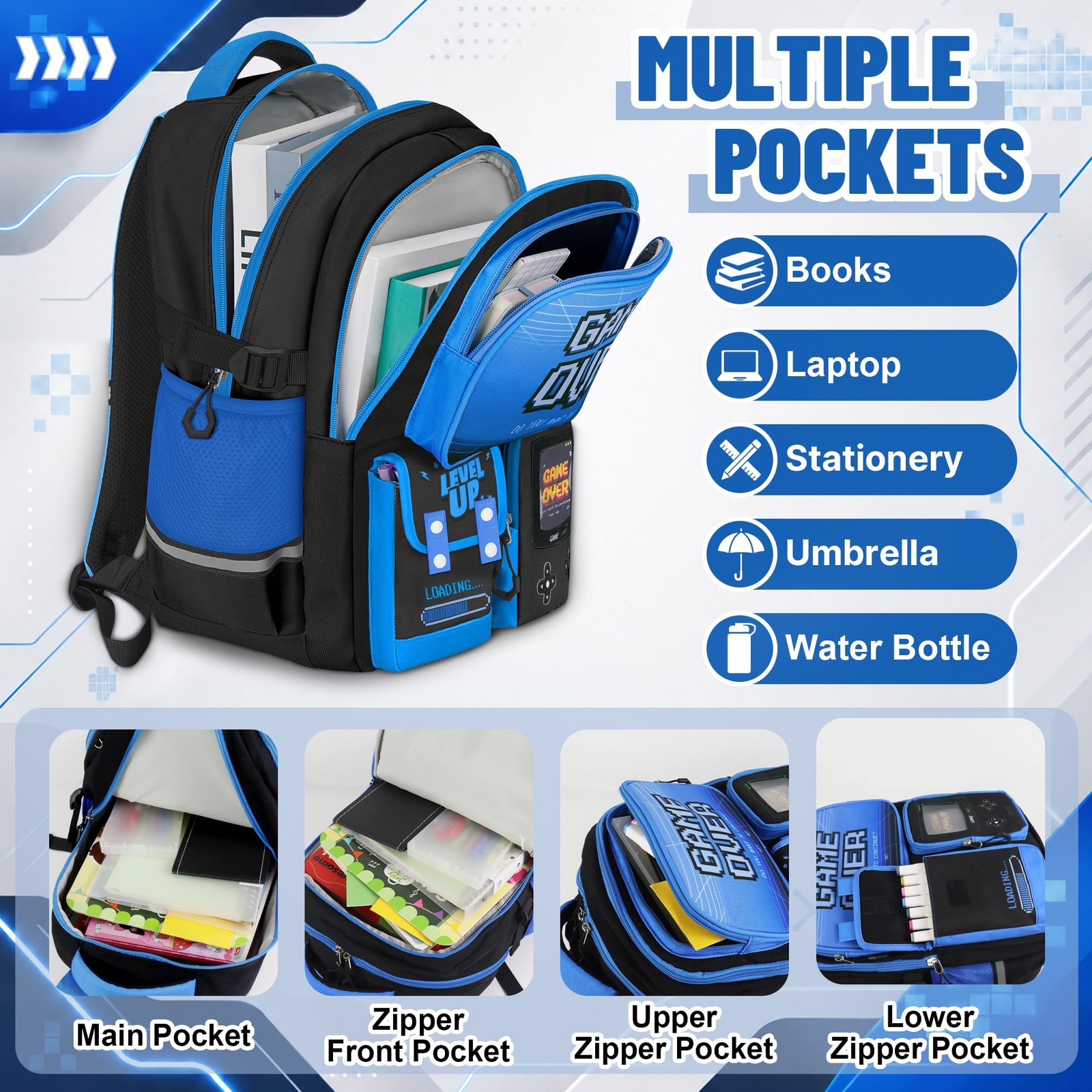 Boys Backpack with Lunch Box Set 4 Pcs Gamer School Bookbag Blue Gaming