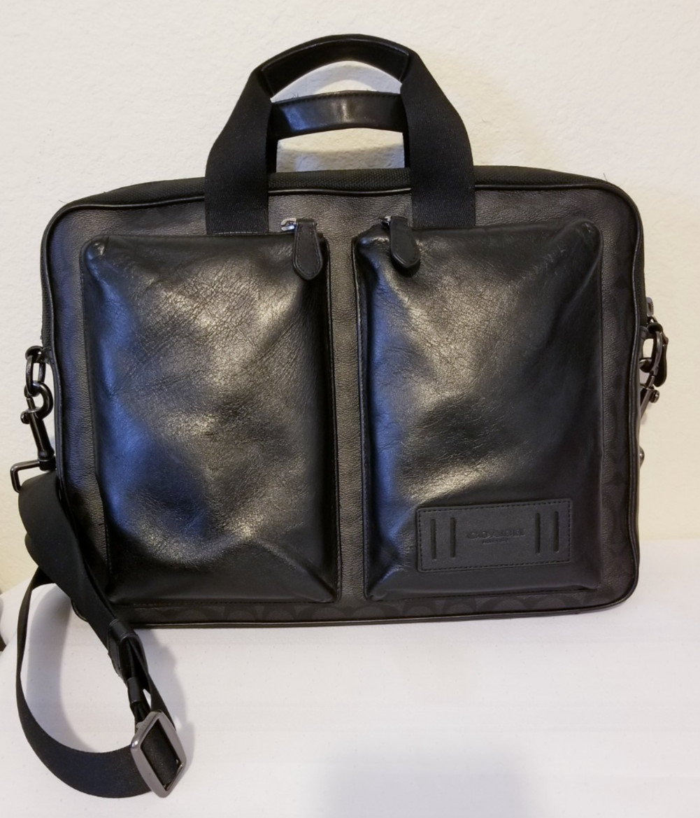 COACH Rider BRIEF CASE Signature CANVAS/LEATHER Black Grey Gunmetal CROSSBODY