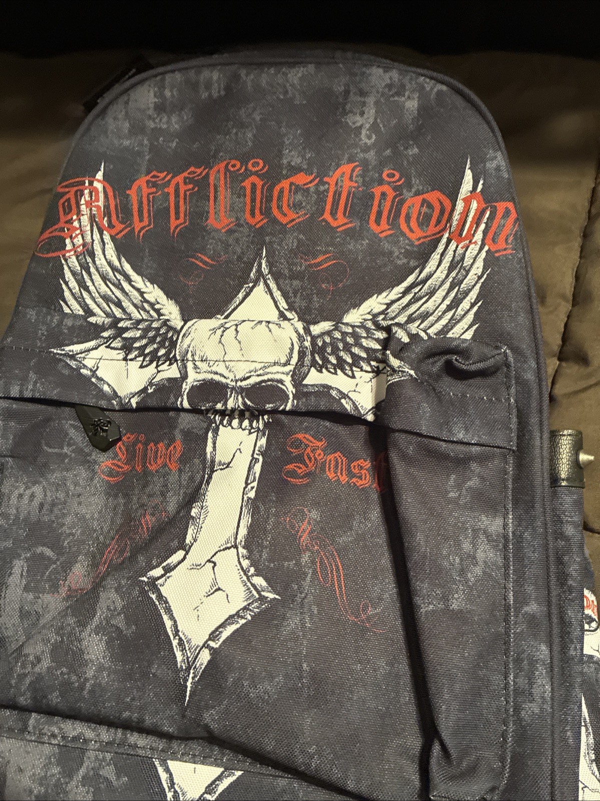 Affliction Live Fast Backpack Black Skull Wing Cross Studded Laptop Travel