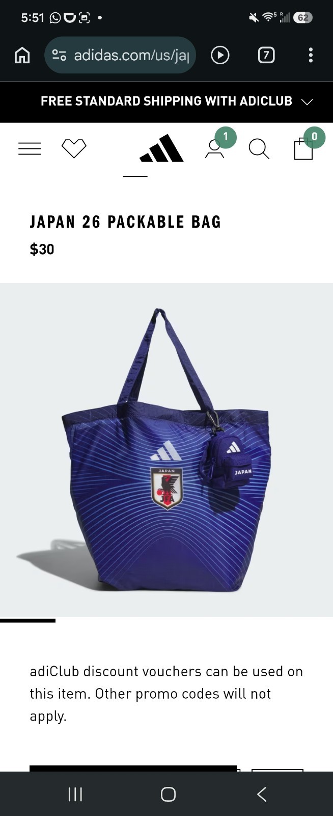 Adidas Japan National Football Soccer Team 2026 Packable Bag Original