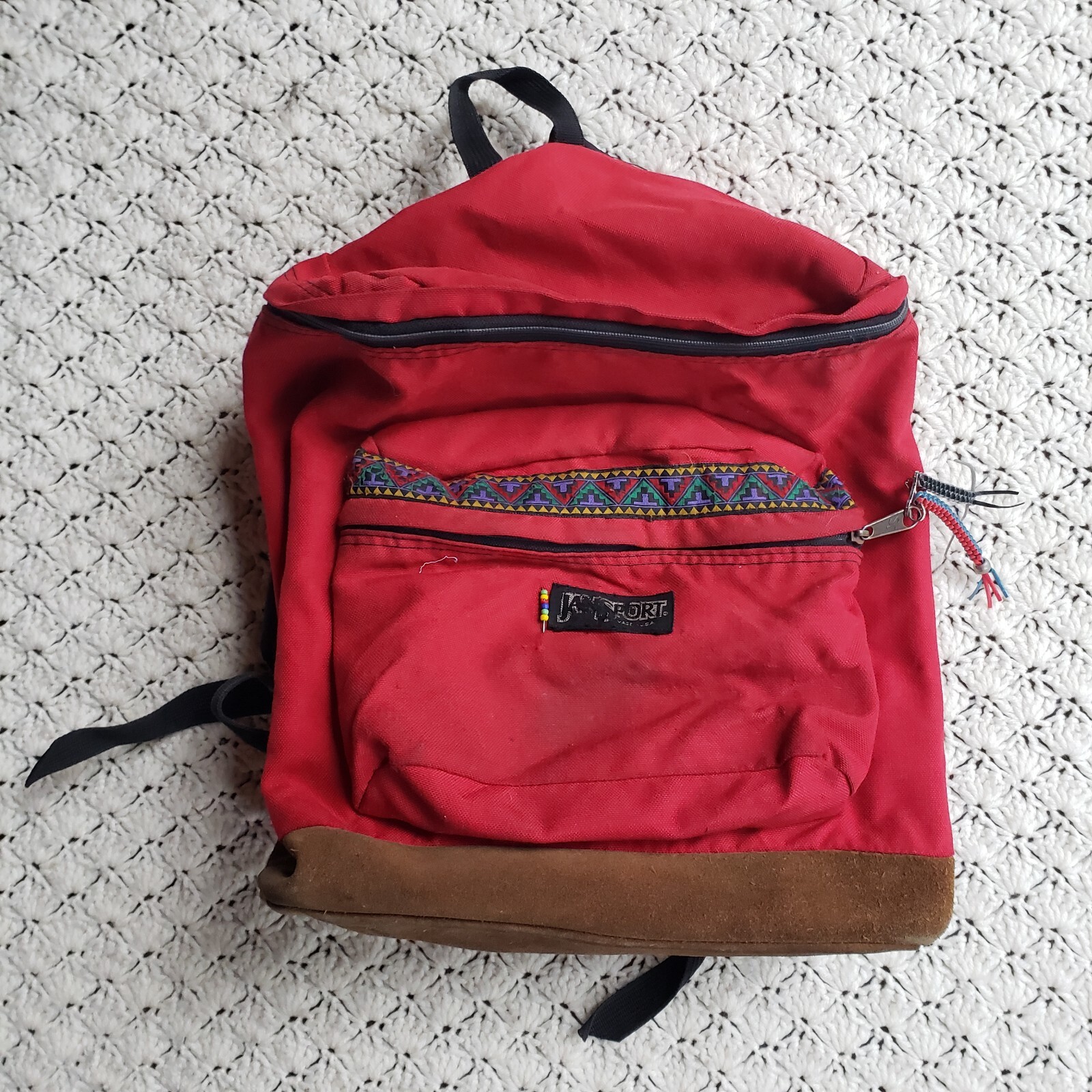 Vtg Jansport Aztec Suede Leather Bottom Backpack Day Trail Pack Made in USA 90s