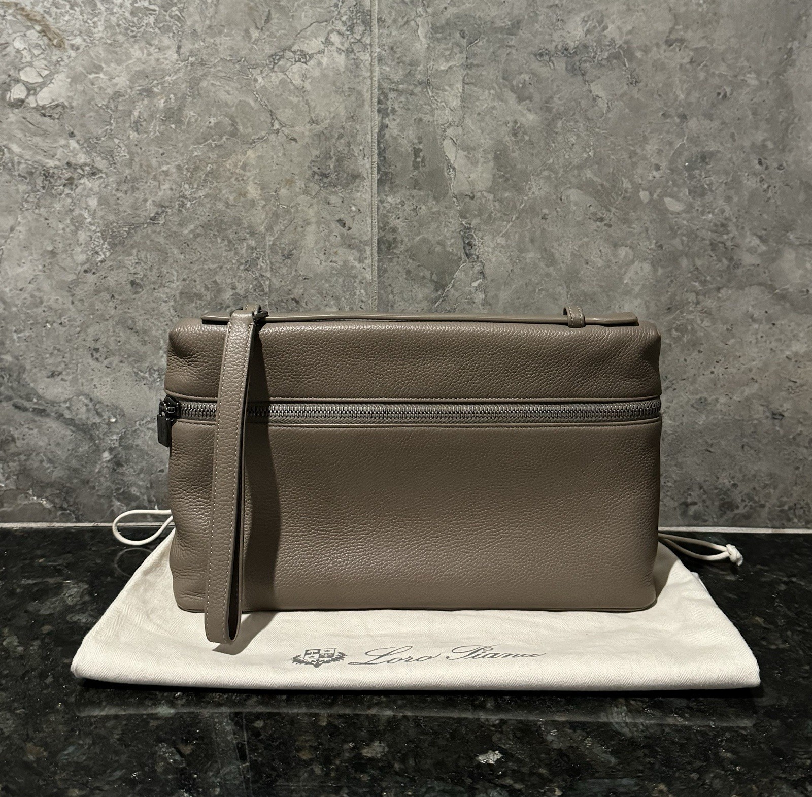 LORO PIANA ‘Extra Pouch L29’ Grained Calfskin Leather Bag Warm Mastic Onyx $2250