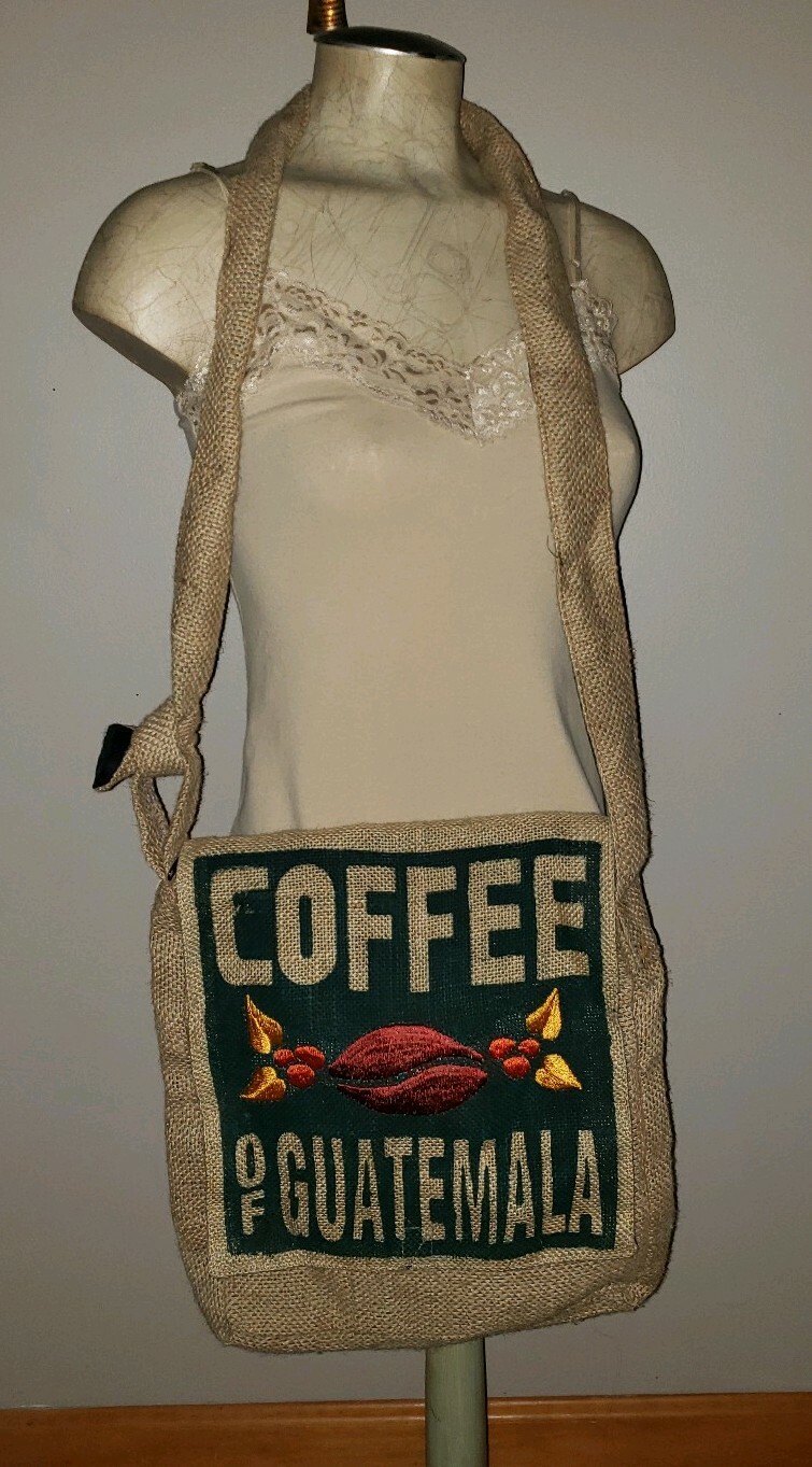 Vintage burlap Guatemala coffee sack messenger cross body bag handbag vegan
