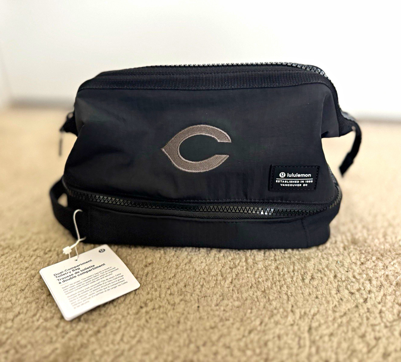 Cincinnati Reds Logo Embroidered Lululemon Dual Compartment Toiletry Bag, Black