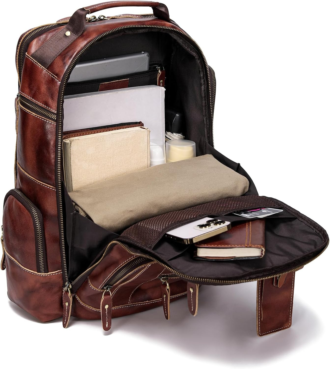 Coffee Full Grain Leather Backpack for Men – Fits 16″ Laptop