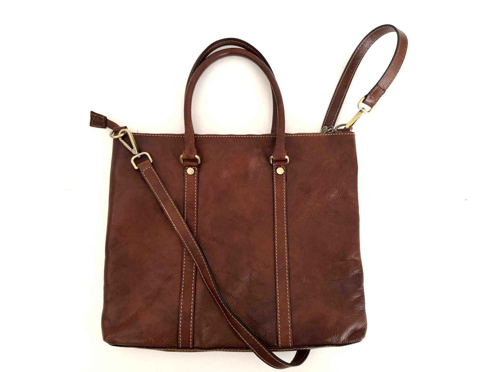 Persaman Work Tote Bag Brown Leather Top Zip Double Handles Crossbody Strap