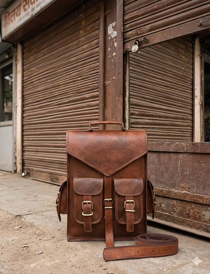 Vintage Brown Goat Leather Backpack Mens Handmade Travel Laptop Bag