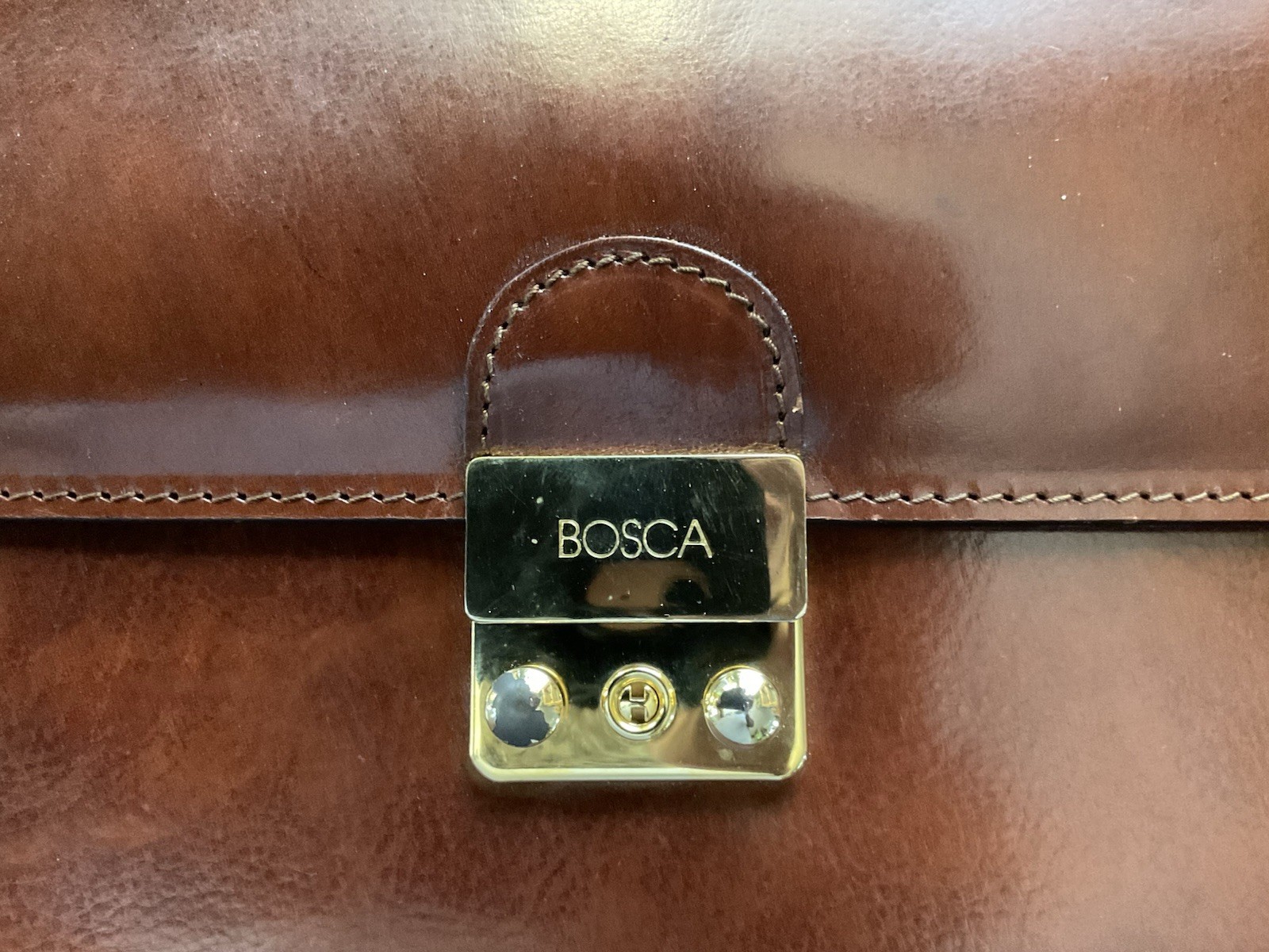 Bosca Brown Leather Men’s Briefcase/Document Case Top Handle Strap Push Lock