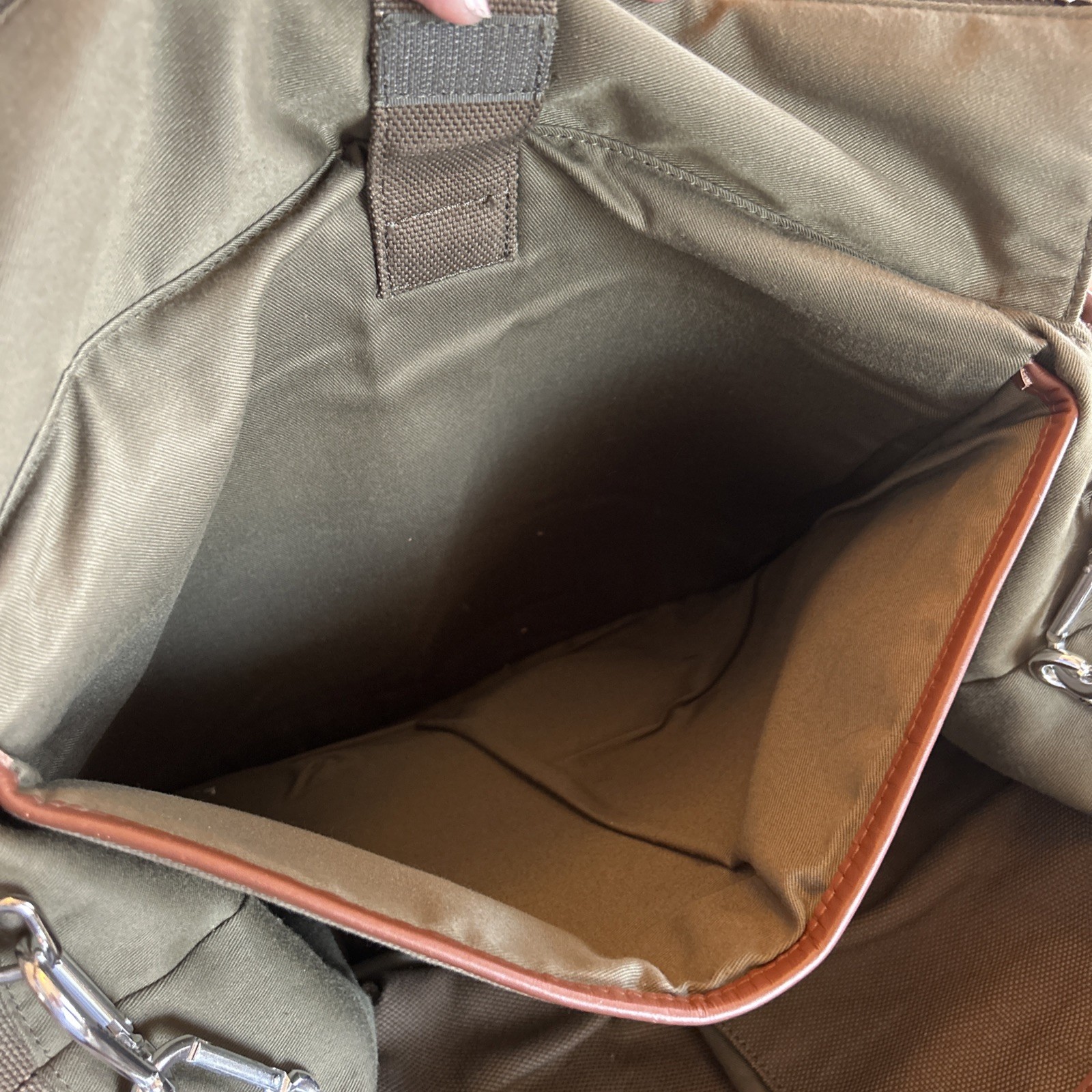 Levenger Olive Canvas/Brown Leather Messenger Bag Vtg 17″x 8″x 14″ w/Strap