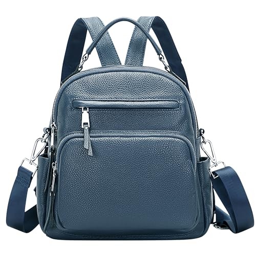 Genuine Leather Backpack for Women Small Convertible Backpack Purse Linen Blue