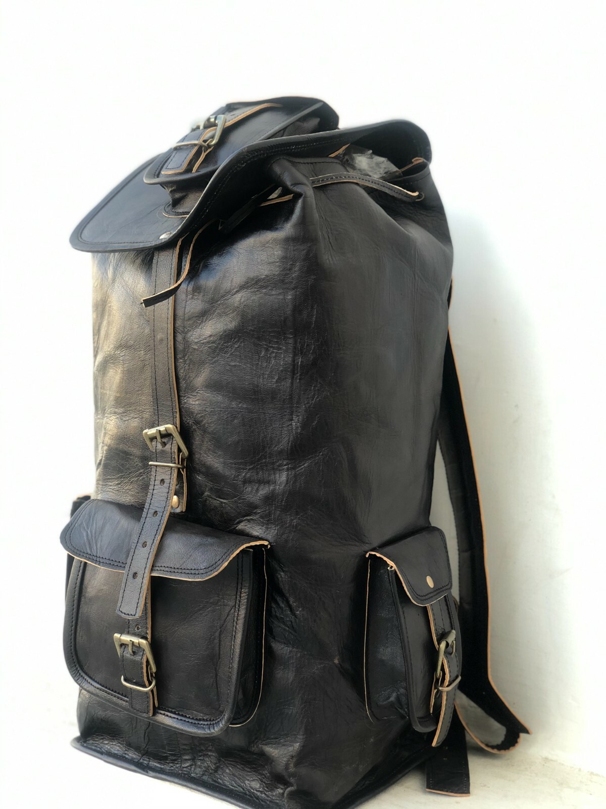 100% Real Black Leather Backpack Bag Men Travel Laptop School Shoulder Rucksack