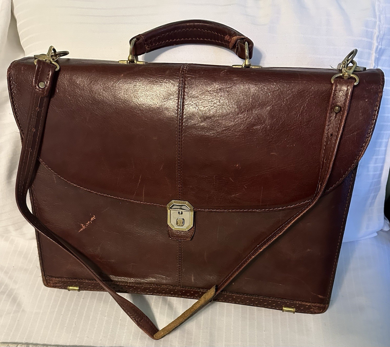 Vintage RENWICK Brown Leather Briefcase/Portfolio Canada Strap Pockets Lock READ
