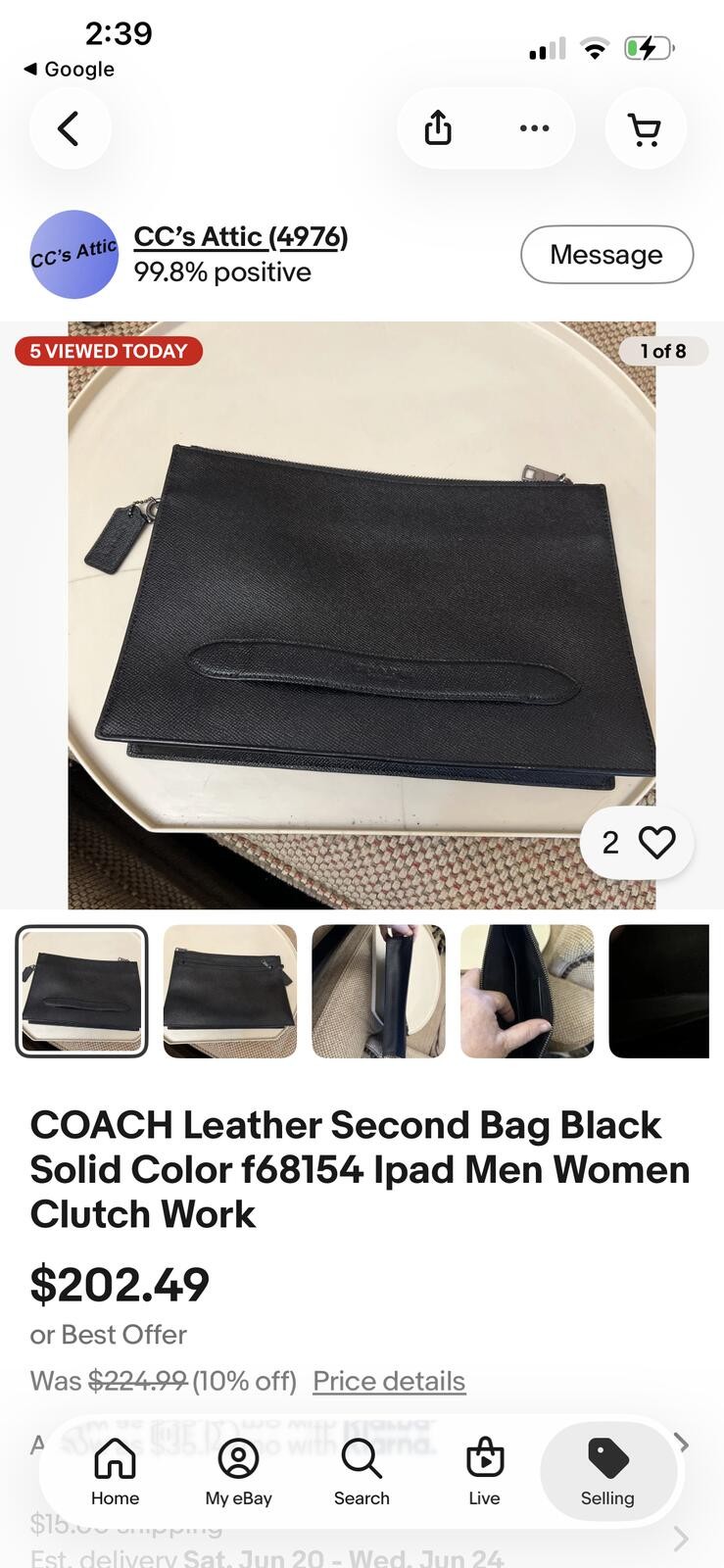 COACH Leather Second Bag Black Solid Color f68154 Ipad Men Women Clutch Work