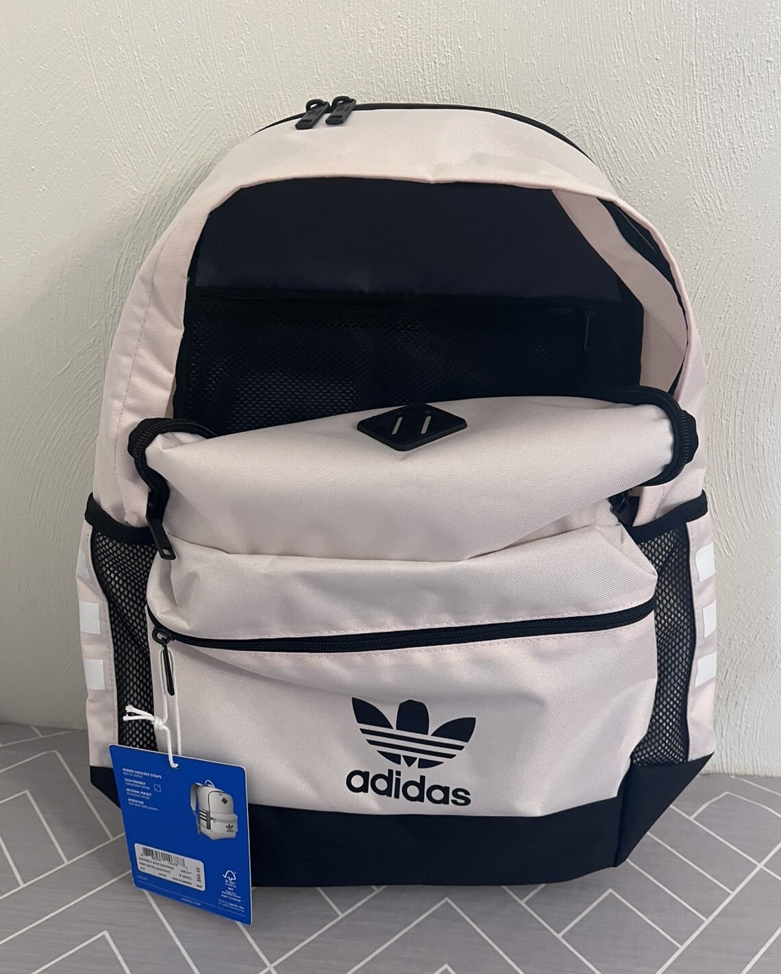 Adidas Original Base Backpack, Pink Tint/Black/White, School Laptop Book Bag