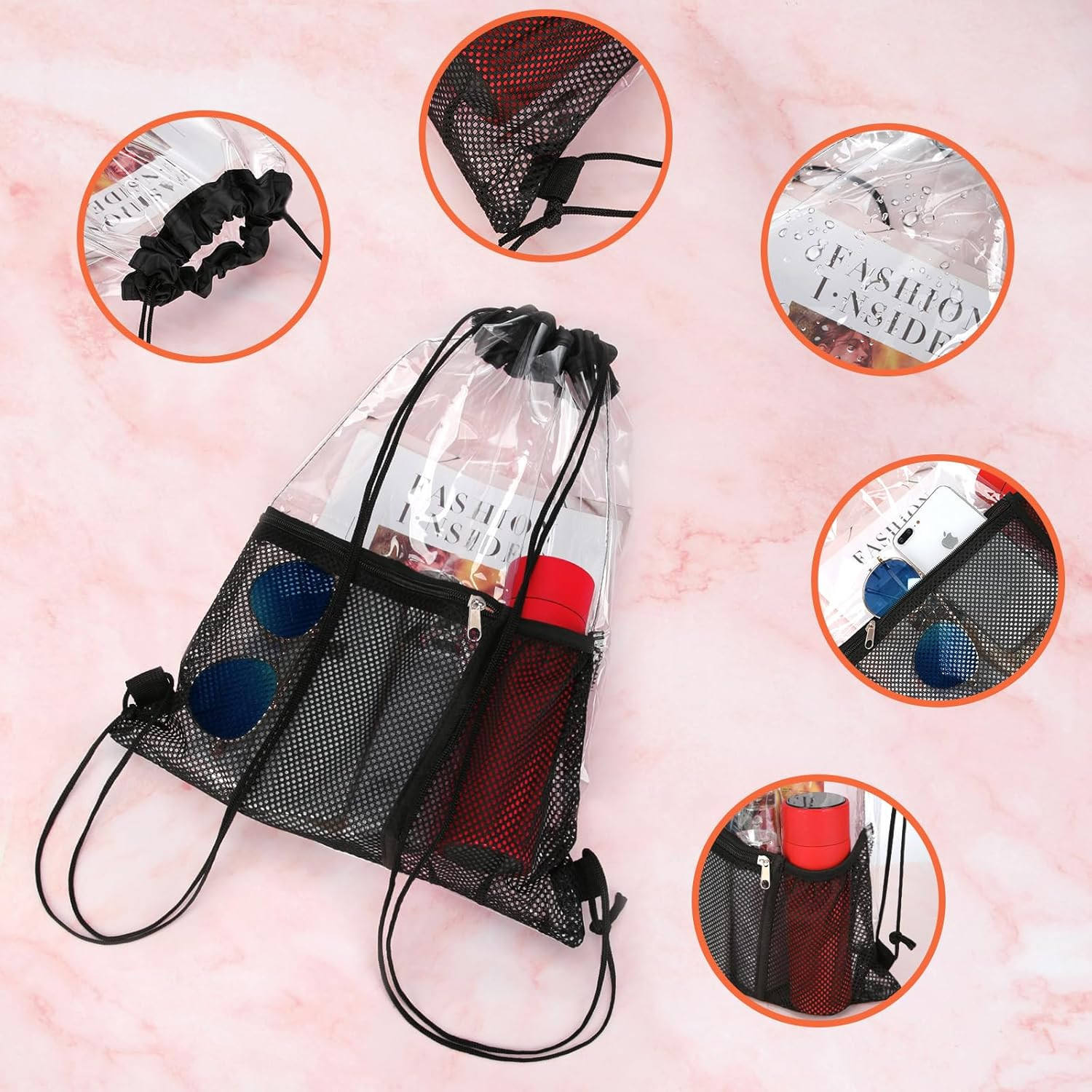 2 PACK Clear Drawstring Bag Stadium Approved, See
