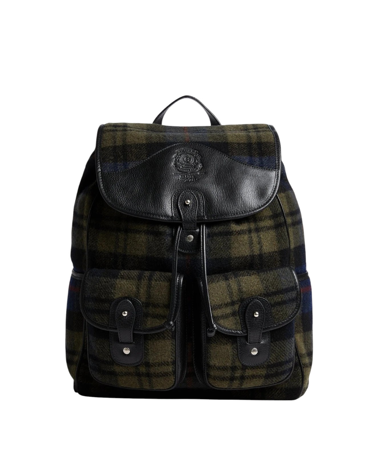 Men’s Ghurka Navy Plaid Wool Black Leather Blazer No. 278 Backpack New $1495