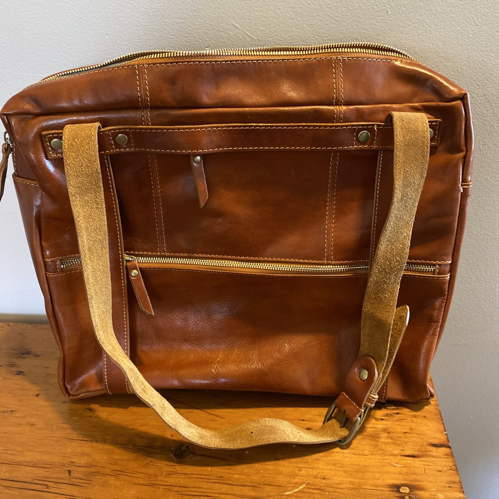 T NOBILE Cognac Leather Straps Laptop Large Messenger Bag Purse ITALY EUC