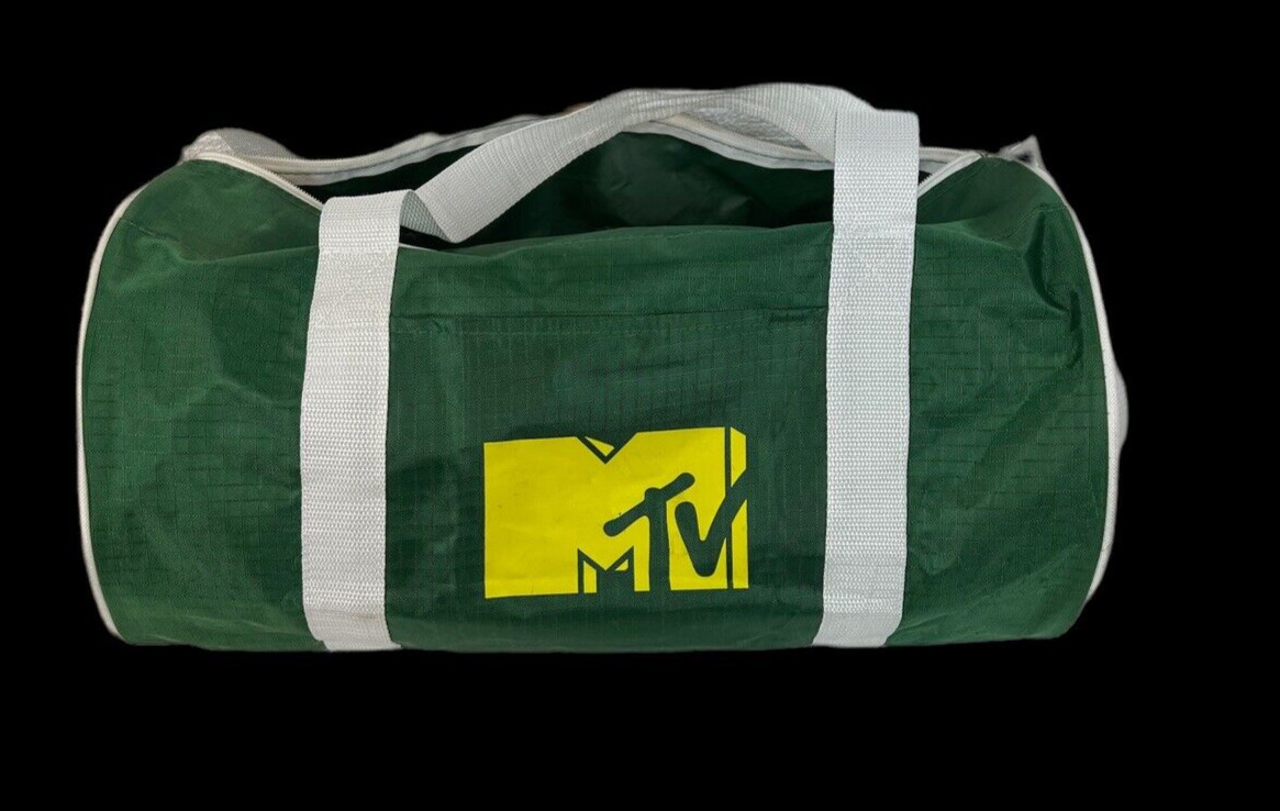 MTV Green Barrel Duffle Bag Screened Logo Double Handles Yellow Zip Closure