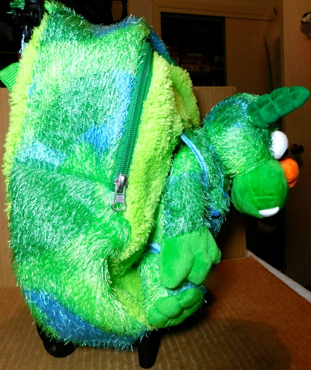 Kreative Kids~Plush Green Monster Trolley Backpack On Wheels New With Tags!!